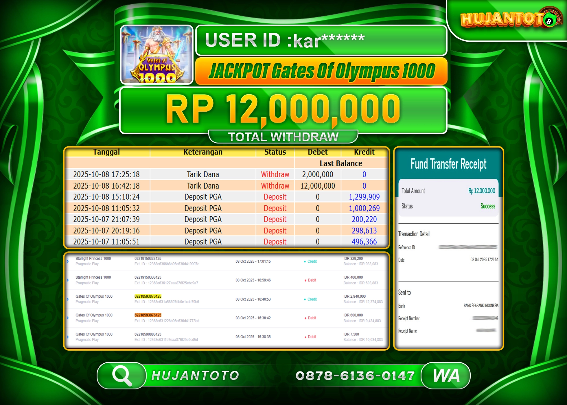 HUJANTOTO - BUKTI JACKPOT MENANG SLOT GATES OF OLYMPUS 1000 Rp.12,000,000 - TERBAYAR LUNAS