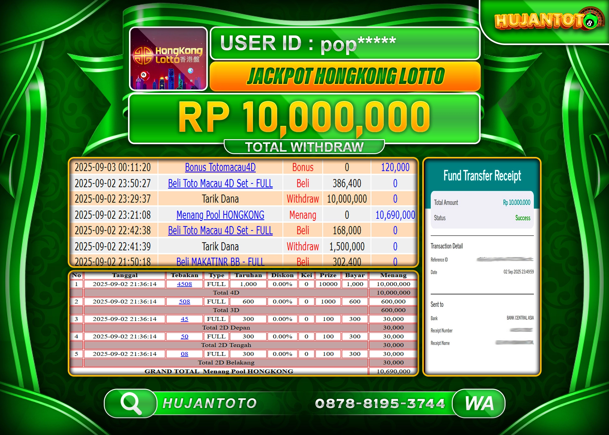 HUJANTOTO - BUKTI JACKPOT GAME TOGEL HONGKONG LOTTO Rp.10,000,000 - TERBAYAR LUNAS