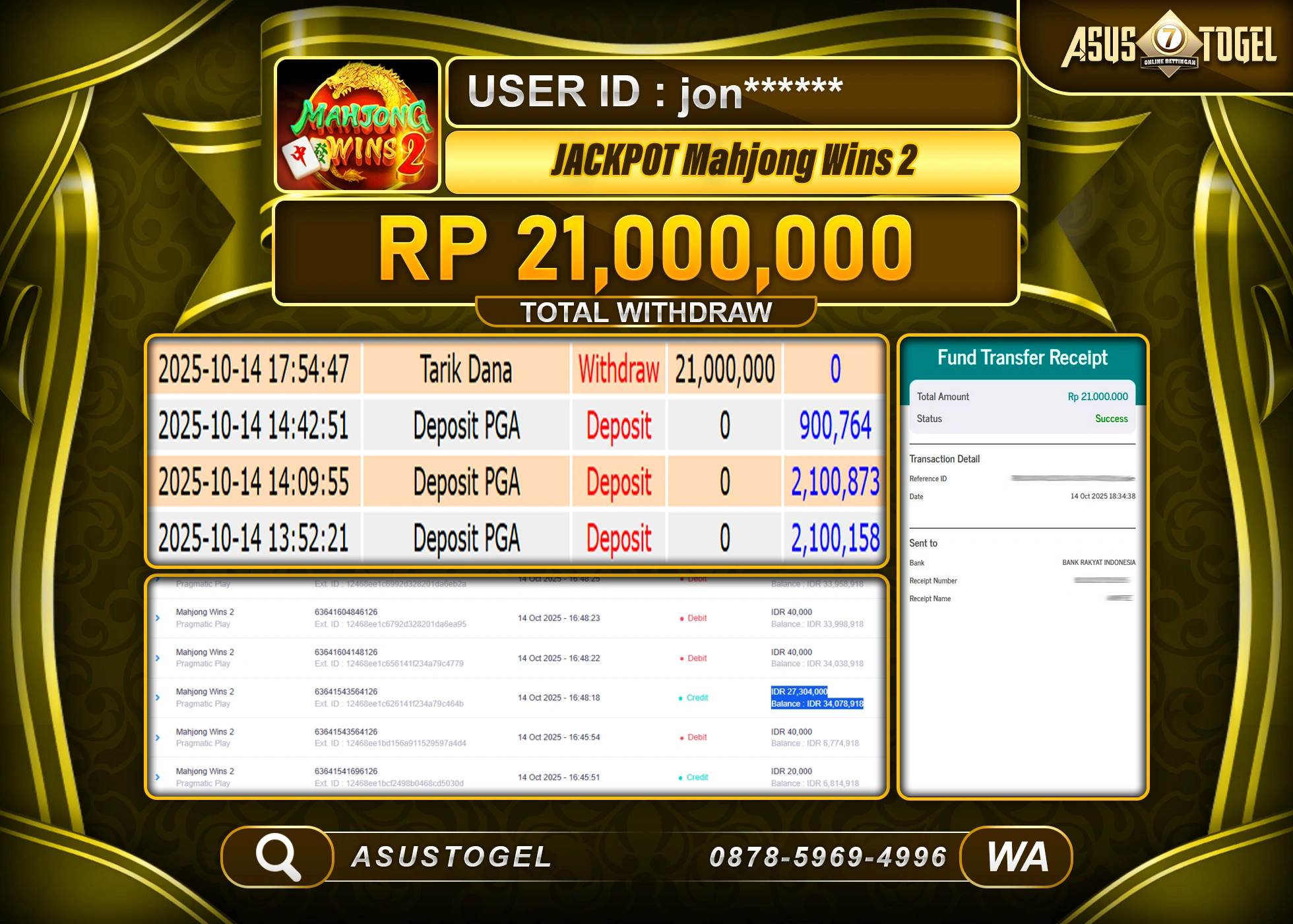 ASUSTOGEL KEMENANGAN DI SLOT MAHJONG WINS 2 SEBESAR 21,000,000- RUPIAH LUNAS