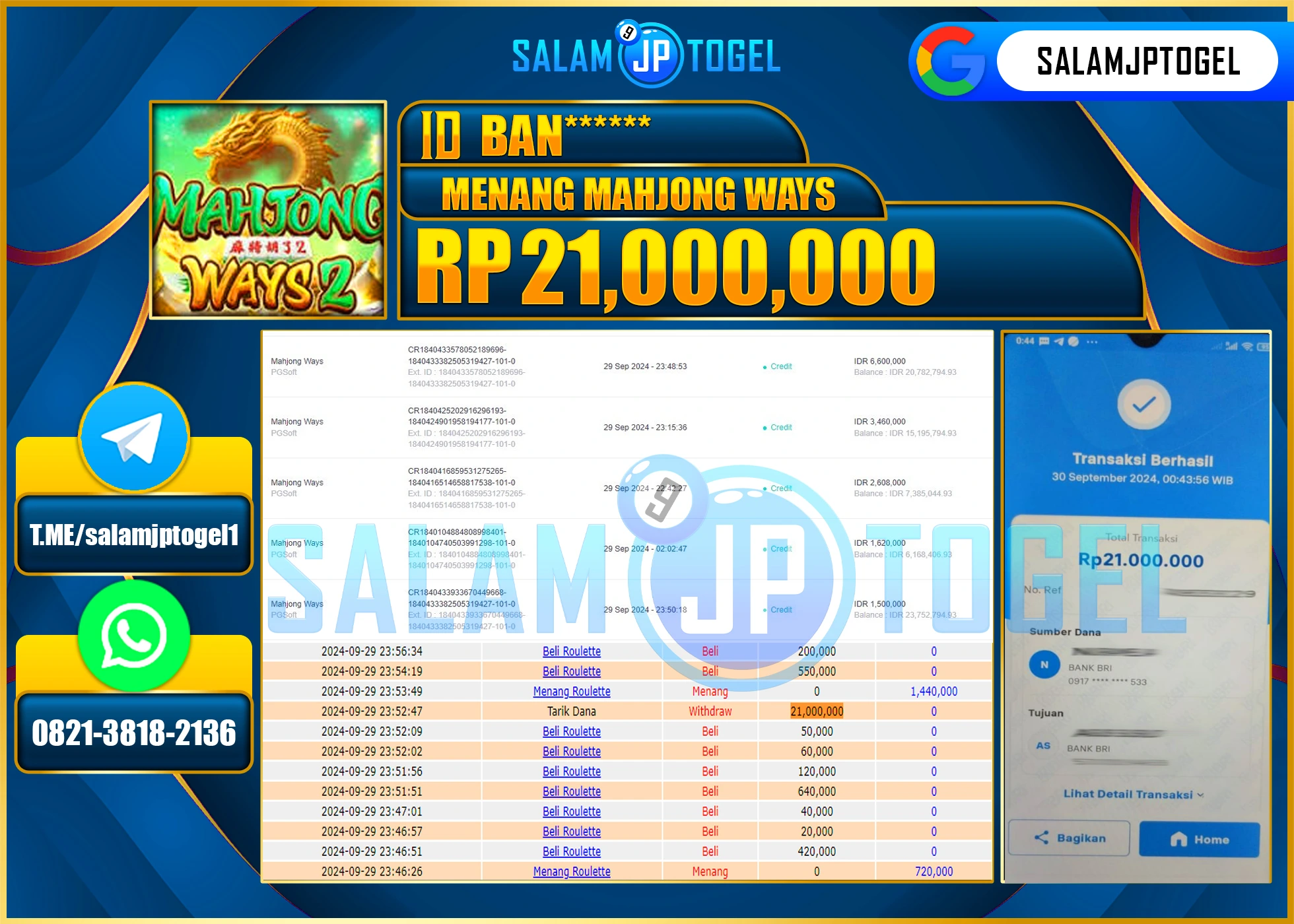 SALAMJPTOGEL MENANG SLOT MAHJONG WAYS 2  RP. 21,000,000 LUNAS