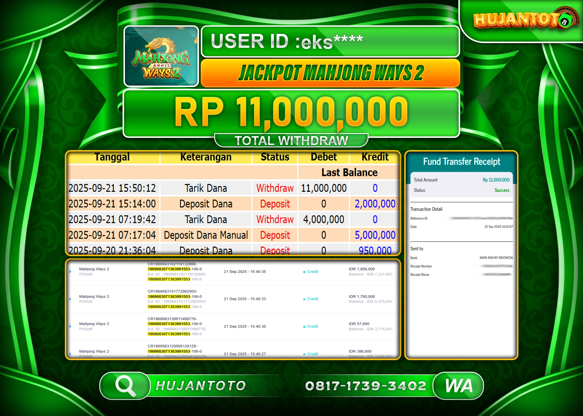 HUJANTOTO - BUKTI JACKPOT MENANG SLOT MAHJONG WAYS 2 Rp.11,000,000 - TERBAYAR LUNAS