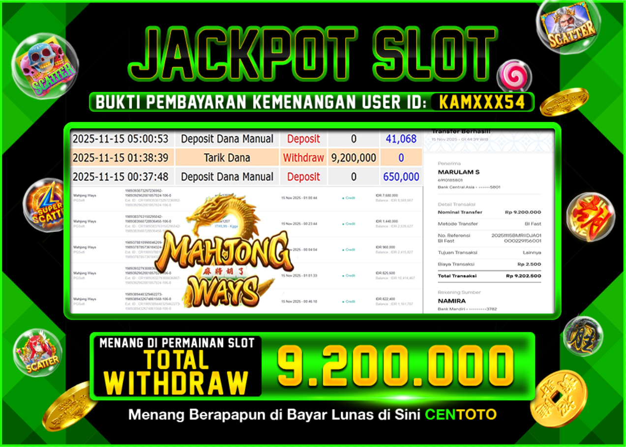 BUKTI JACKPOT SLOT CENTOTO  RP.9.200.000,-LUNAS