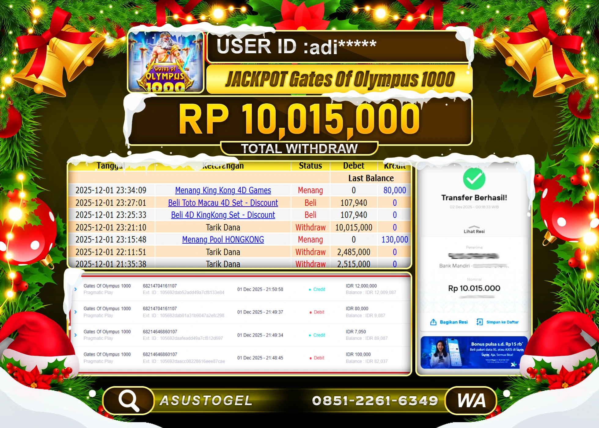 ASUSTOGEL KEMENANGAN DI SLOT GATES OF OLYMPUS 1000 SEBESAR 10,015,000 - RUPIAH LUNAS