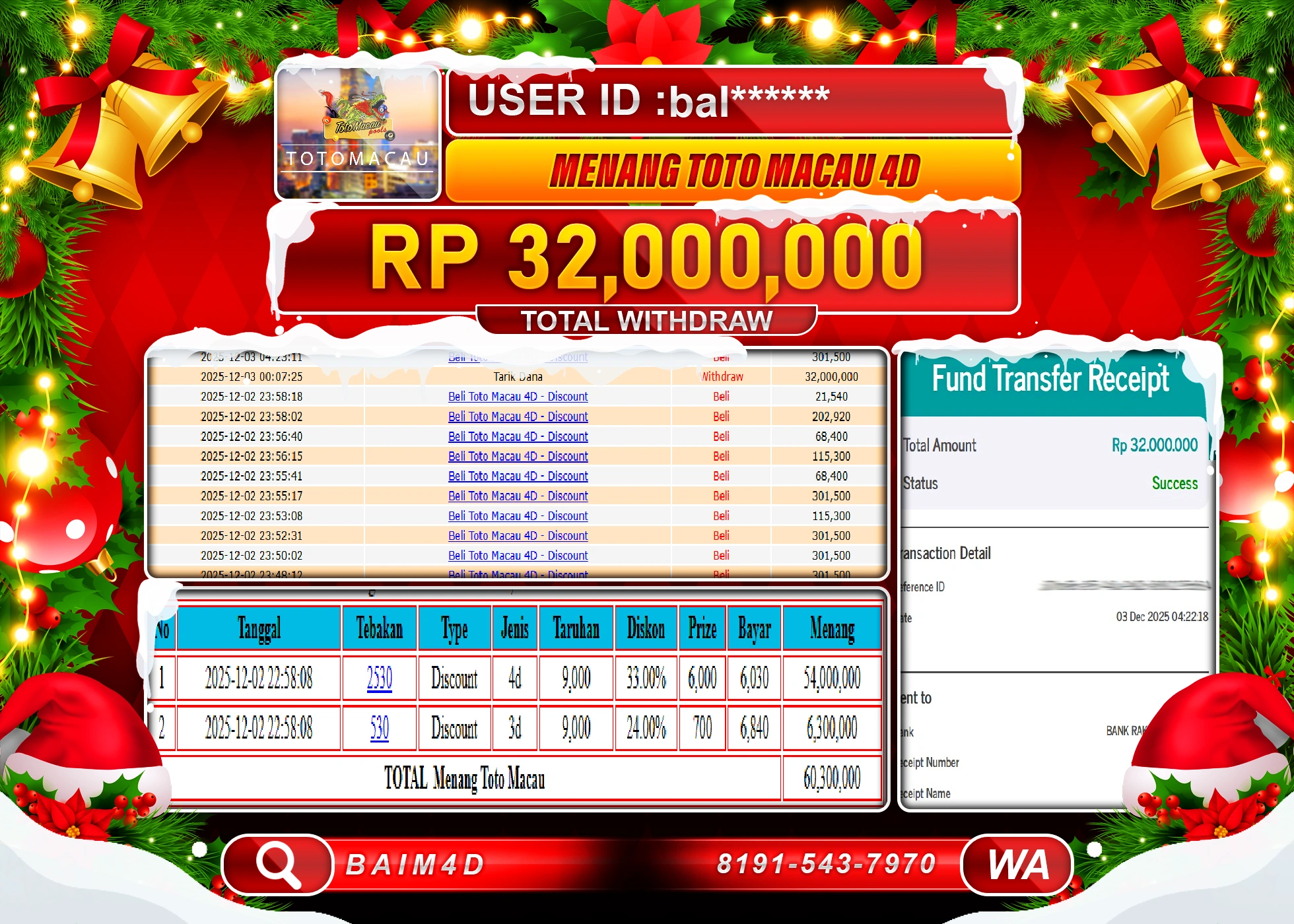 BAIM4D JACKPOT TOGEL TOTO MACAU 4D Rp.32,000,000 - LUNAS