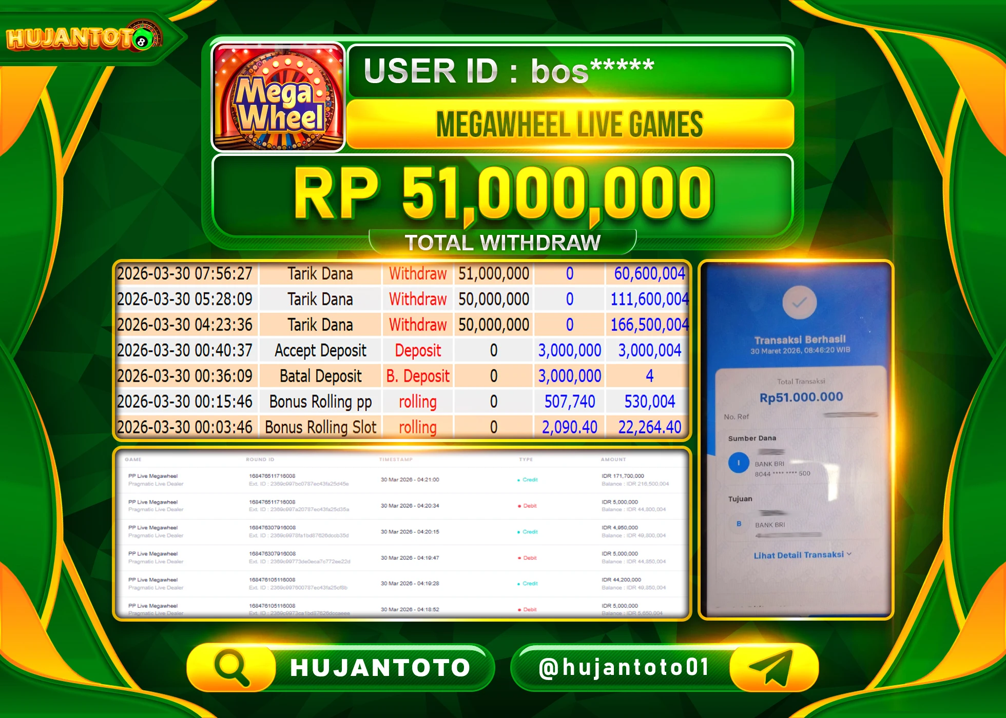 HUJANTOTO - BUKTI JACKPOT MENANG LIVEGAMES  MEGAWHEEL  Rp.51,000,000 - TERBAYAR LUNAS