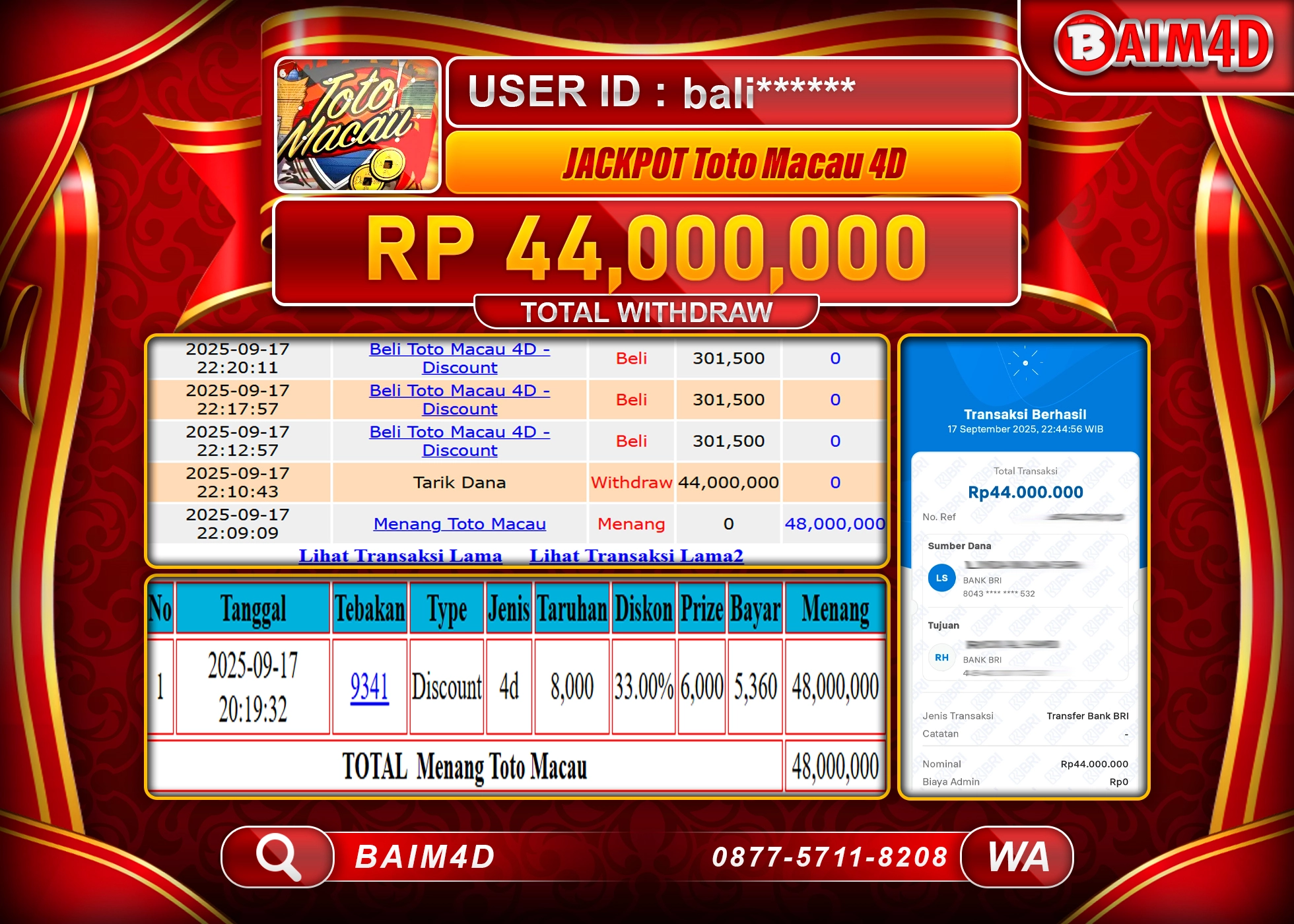 BAIM4D JACKPOT TOGEL TOTO MACAU 4D Rp.44,000,000.- LUNAS