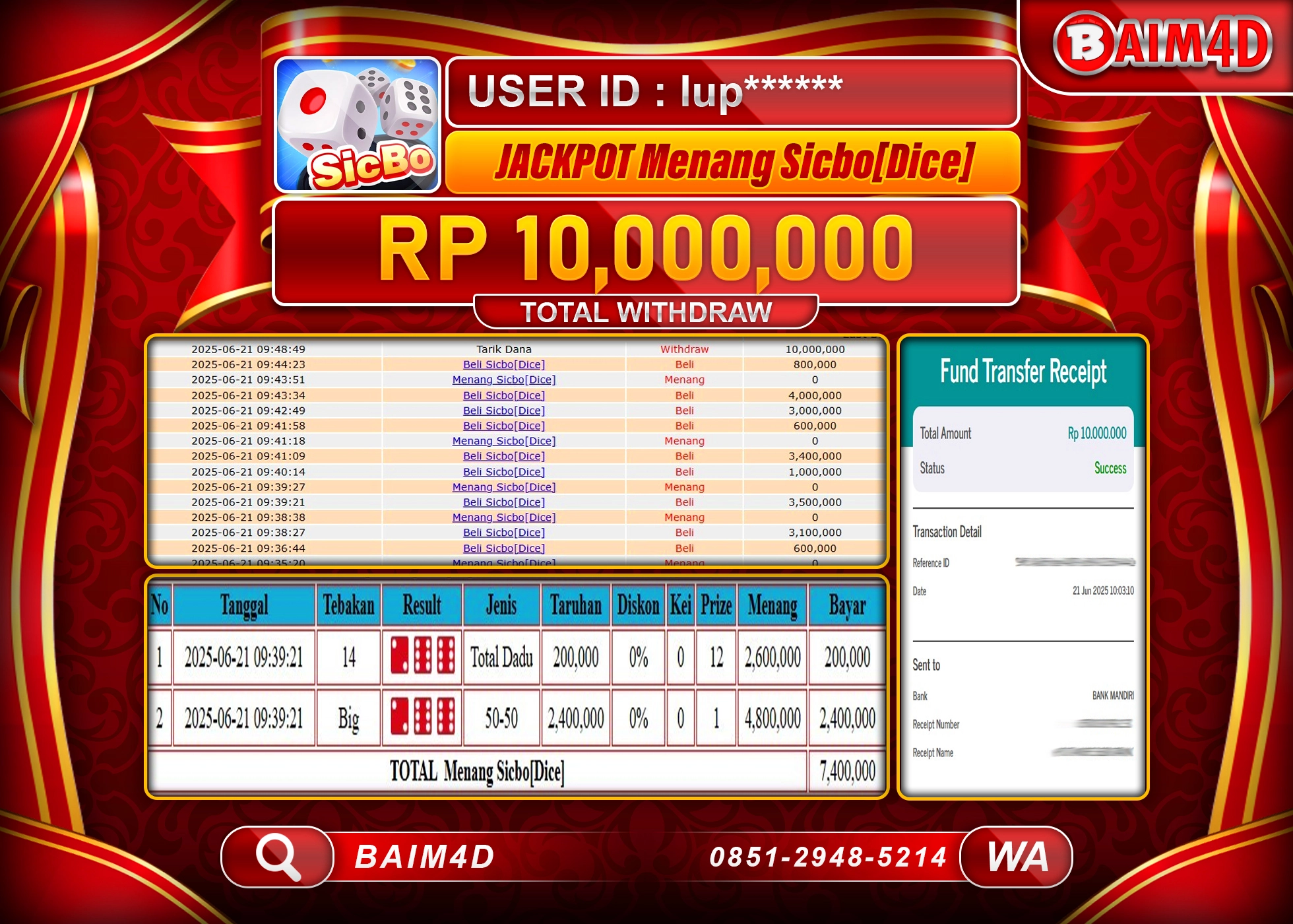 BAIM4D JACKPOT PERMAINAN  Sicbo [Dice] Rp.10,000,000.- LUNAS