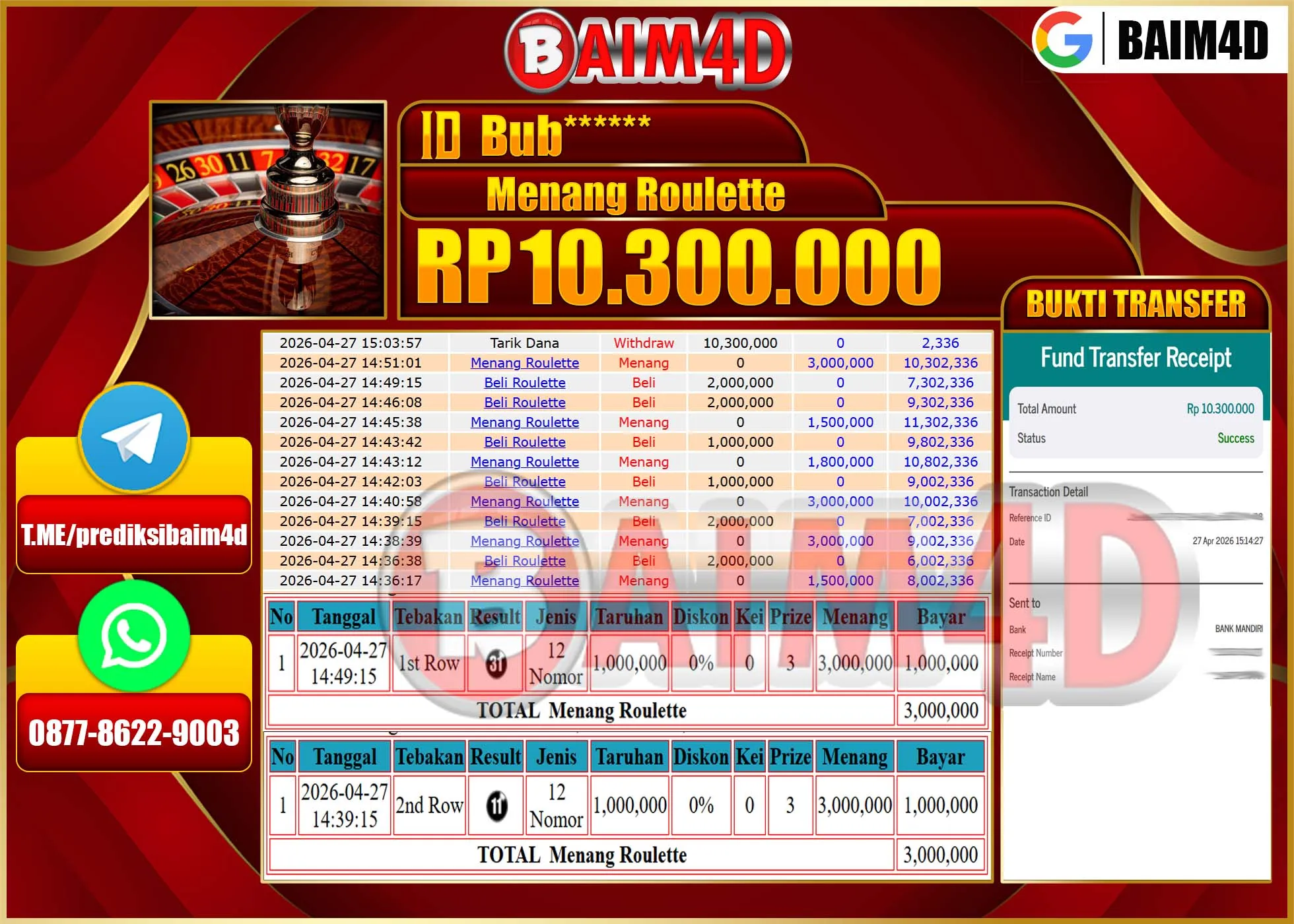 BAIM4D - JACKPOT ROULETTE Rp.10,300,000 - LUNAS