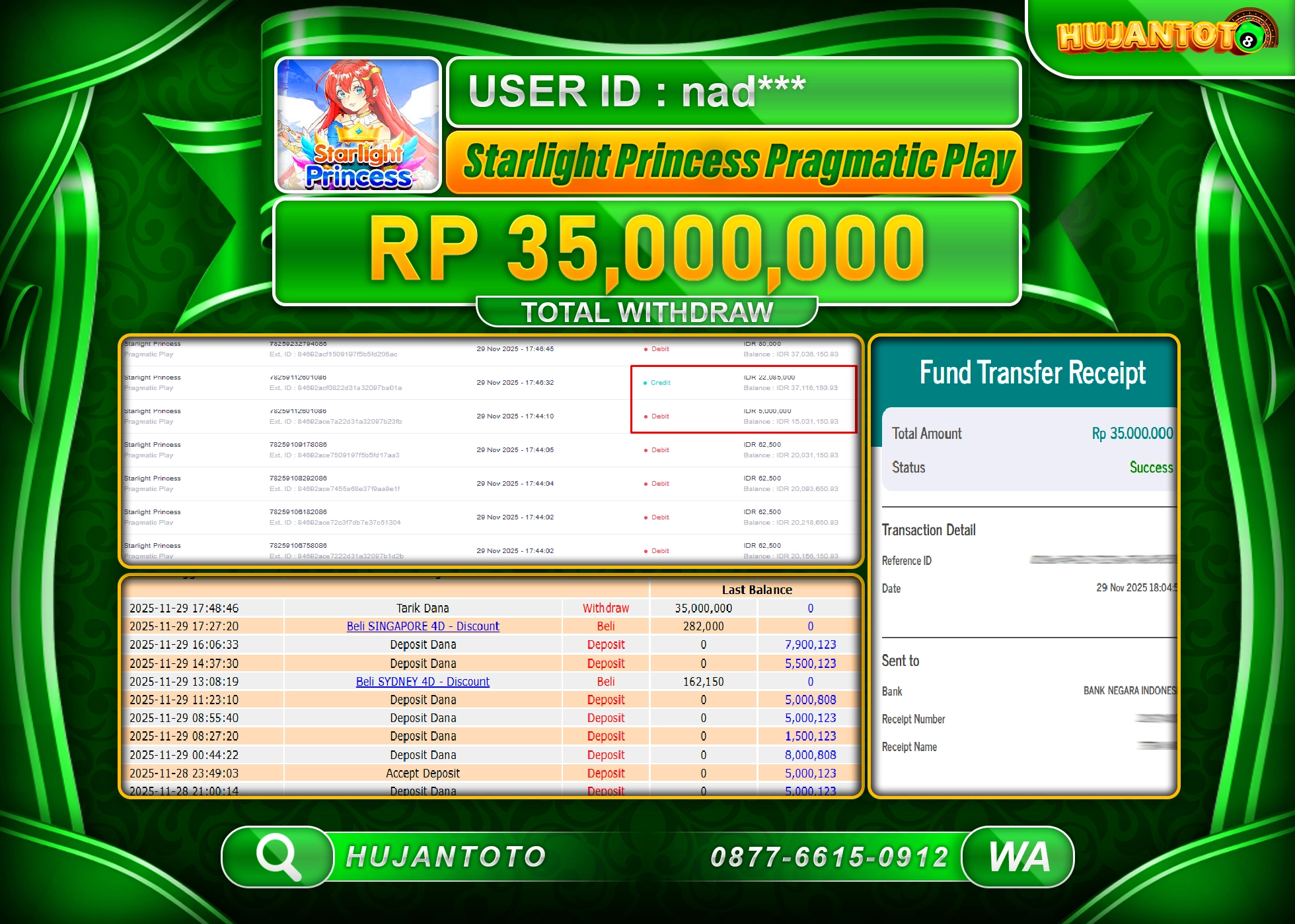 HUJANTOTO - BUKTI JACKPOT MENANG STARLIGHT PRINCESS  Rp.35,000,000 - TERBAYAR LUNAS