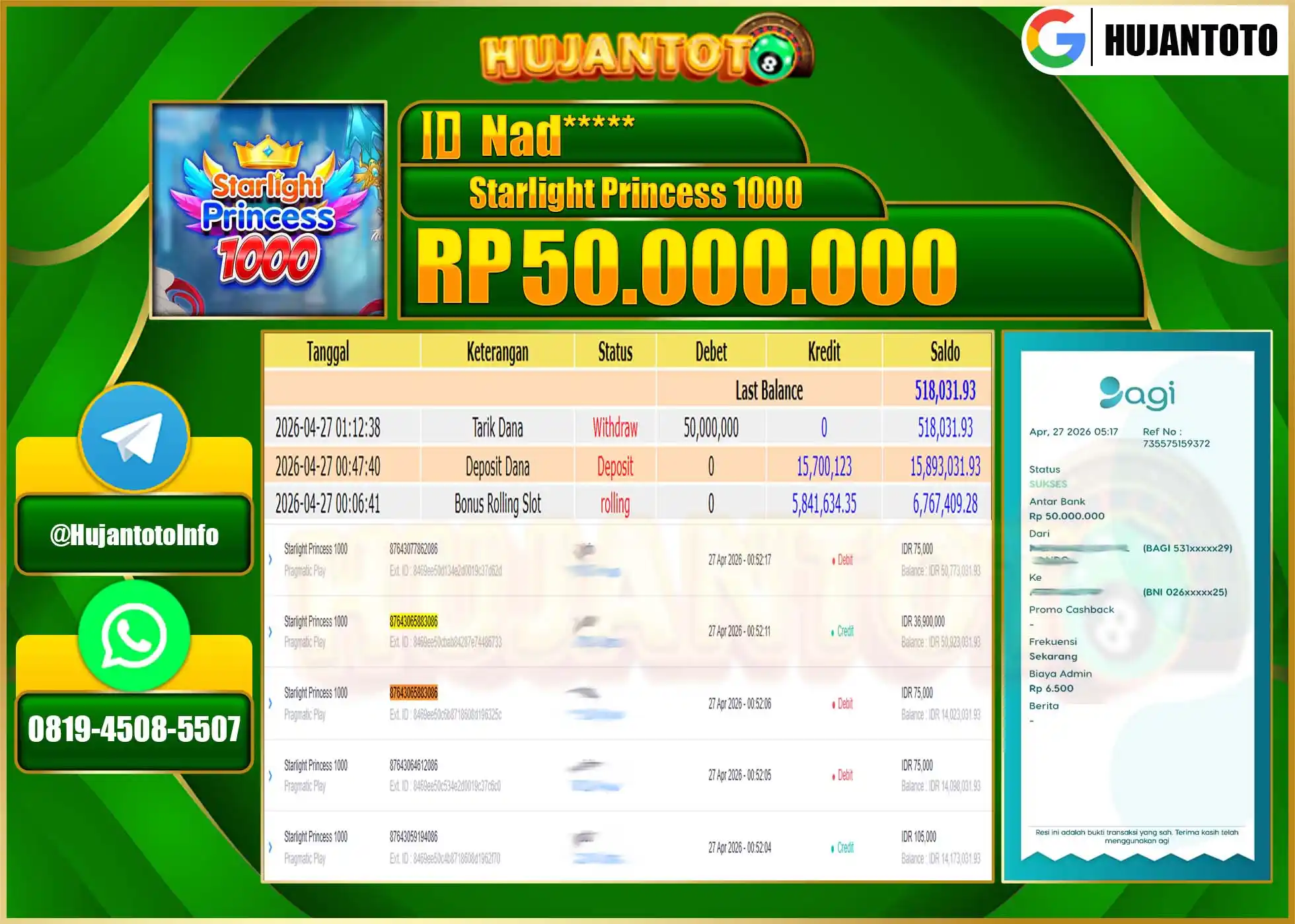 HUJANTOTO - BUKTI JACKPOT MENANG SLOT STARLIGHT PRINCESS 1000 Rp.50,000,000 - TERBAYAR LUNAS