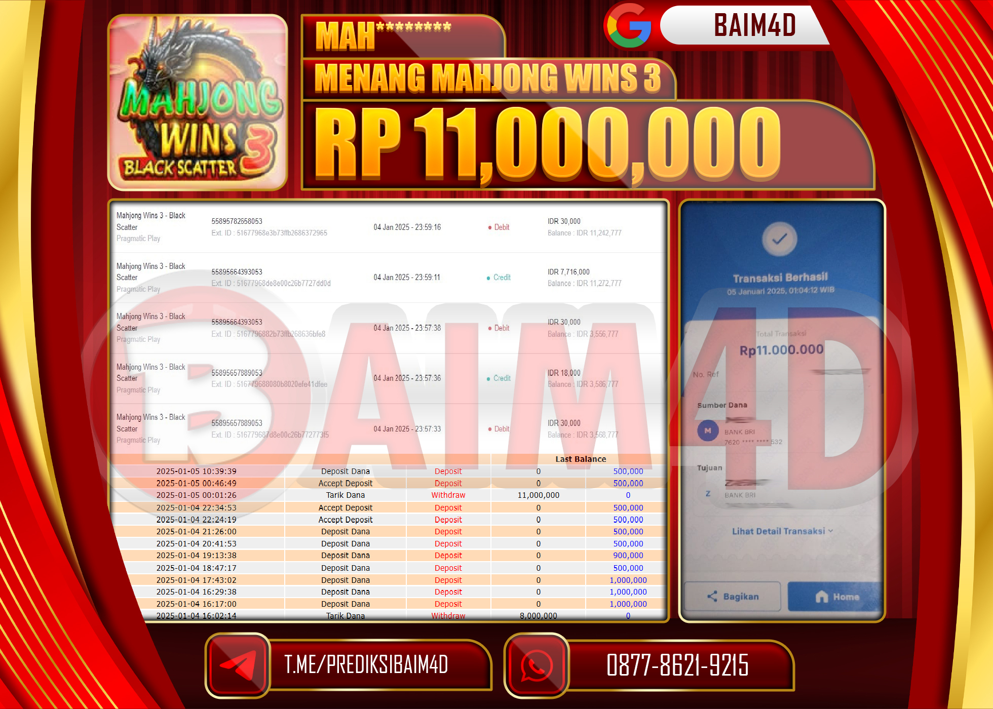 BAIM4D JACKPOT MENANG Slot Mahjong Wins 3 Rp.11,000,000.- LUNAS