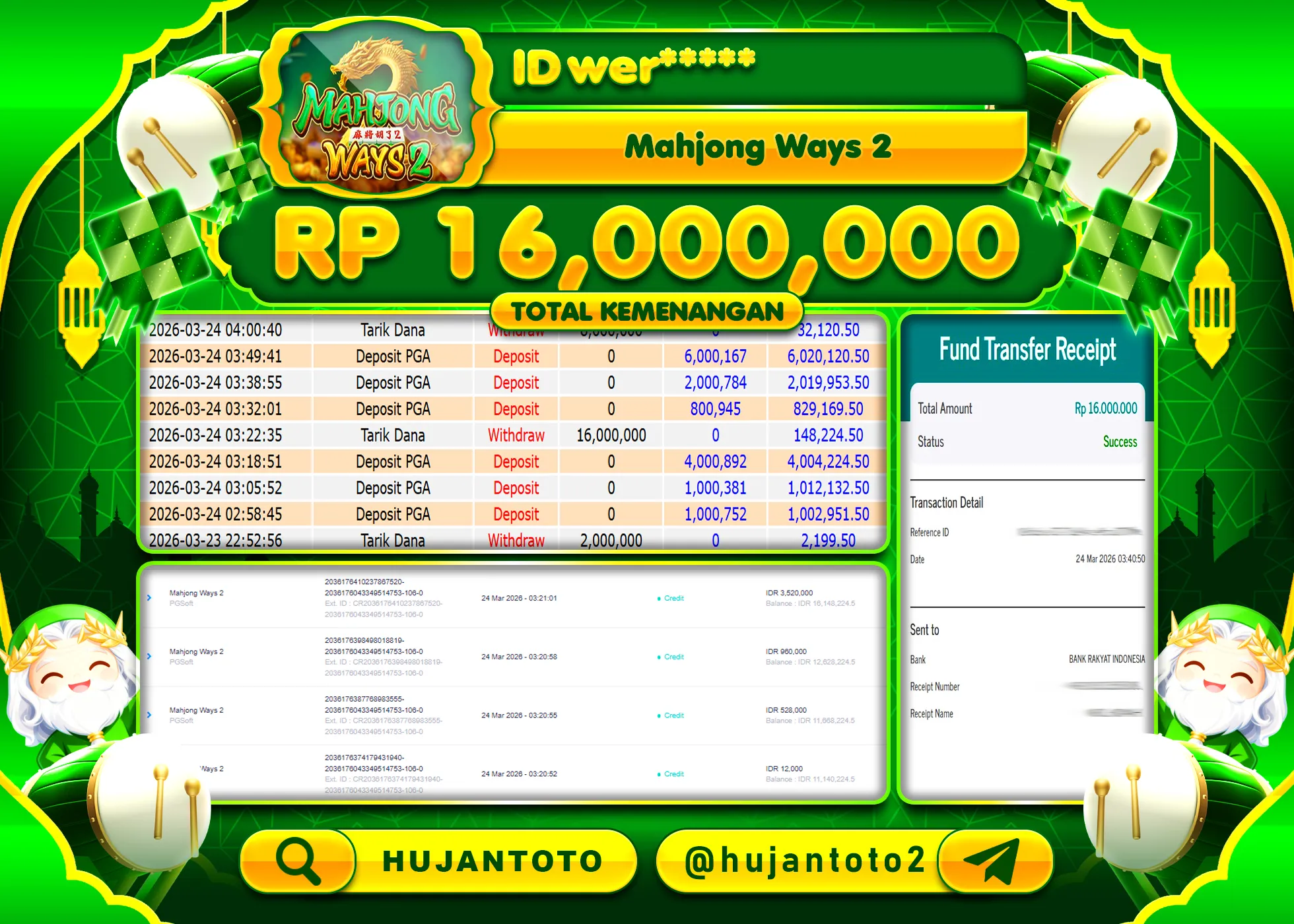 HUJANTOTO - BUKTI JACKPOT MENANG SLOT MAHJONG WAYS 2 Rp.16,000,000 - TERBAYAR LUNAS