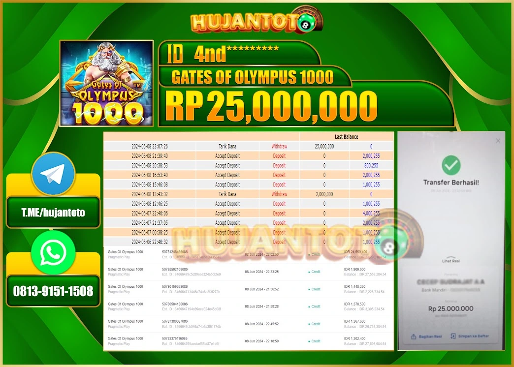 HUJANTOTO MENANG DI GATES OF OLYMPUS 1000 25.000.000 - LUNAS 