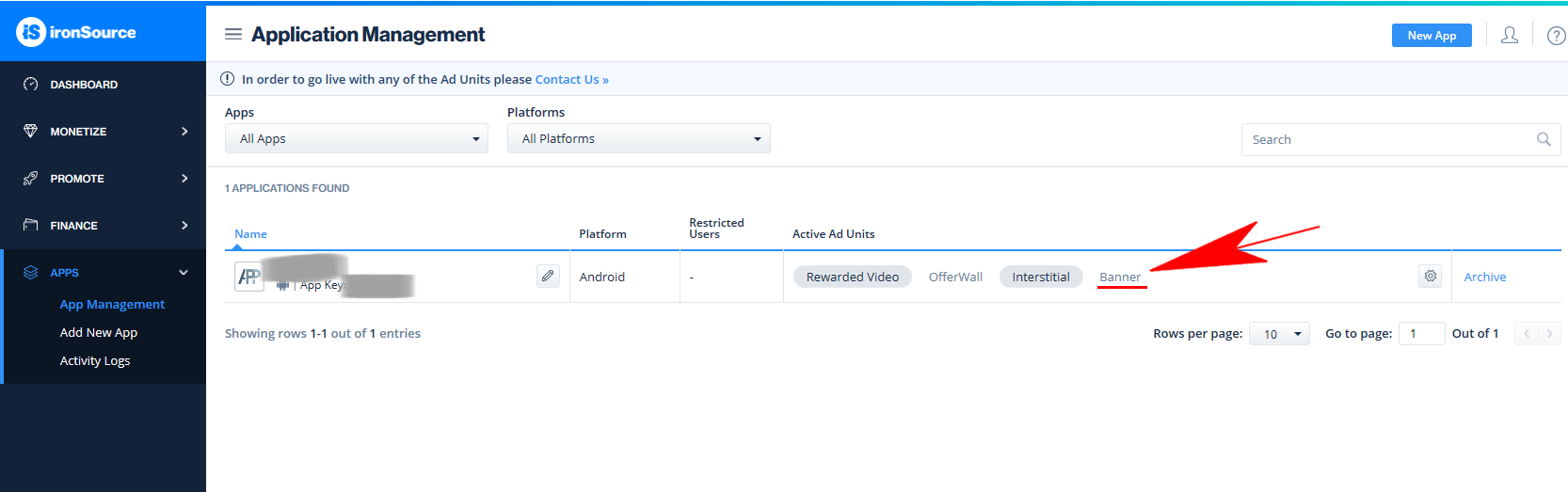 ironSource How to activate a banner ad unit in an existing