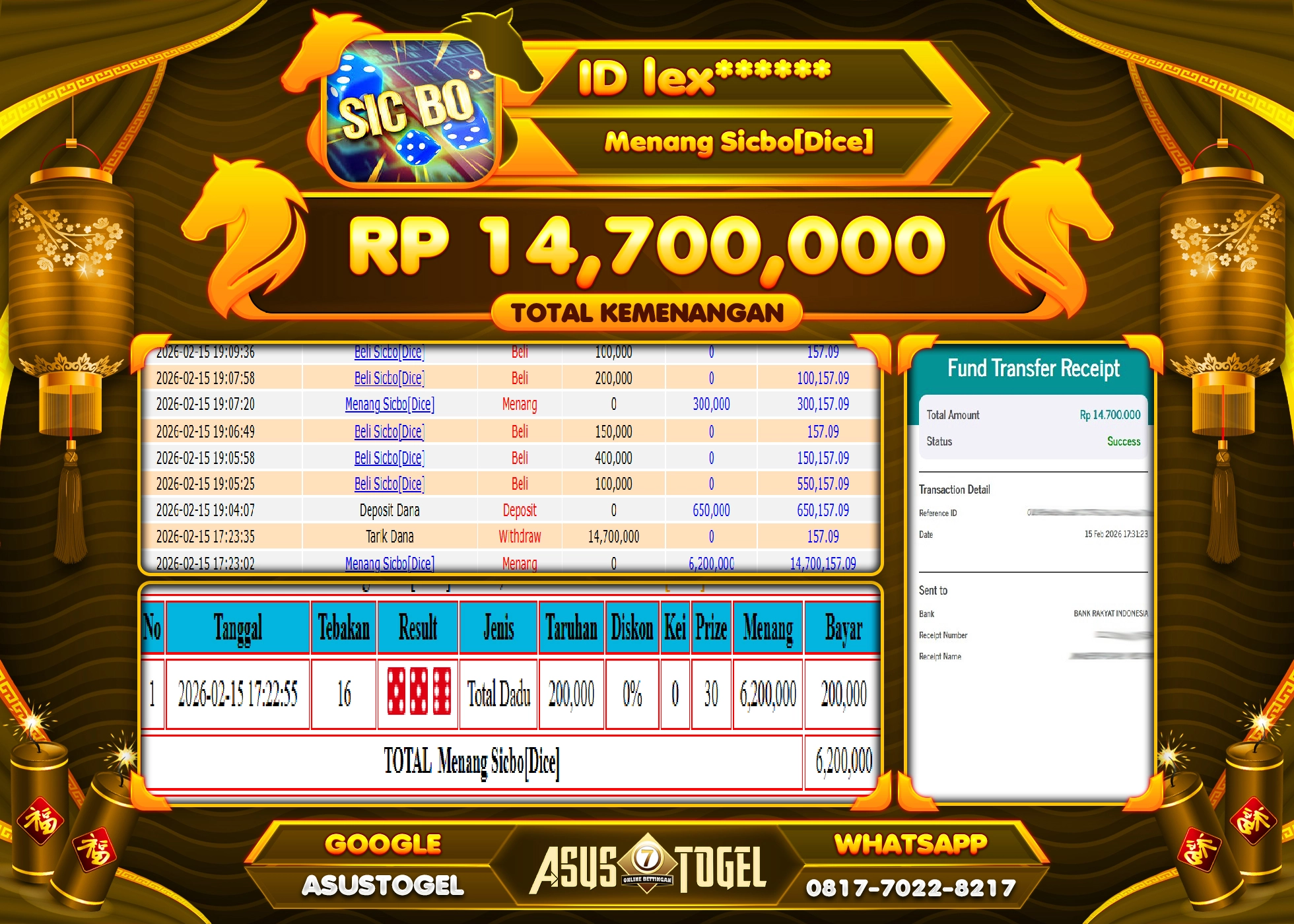 ASUSTOGEL KEMENANGAN DI LIVE GAMES SICBO [DICE} SEBESAR 14,700,000 - RUPIAH LUNAS