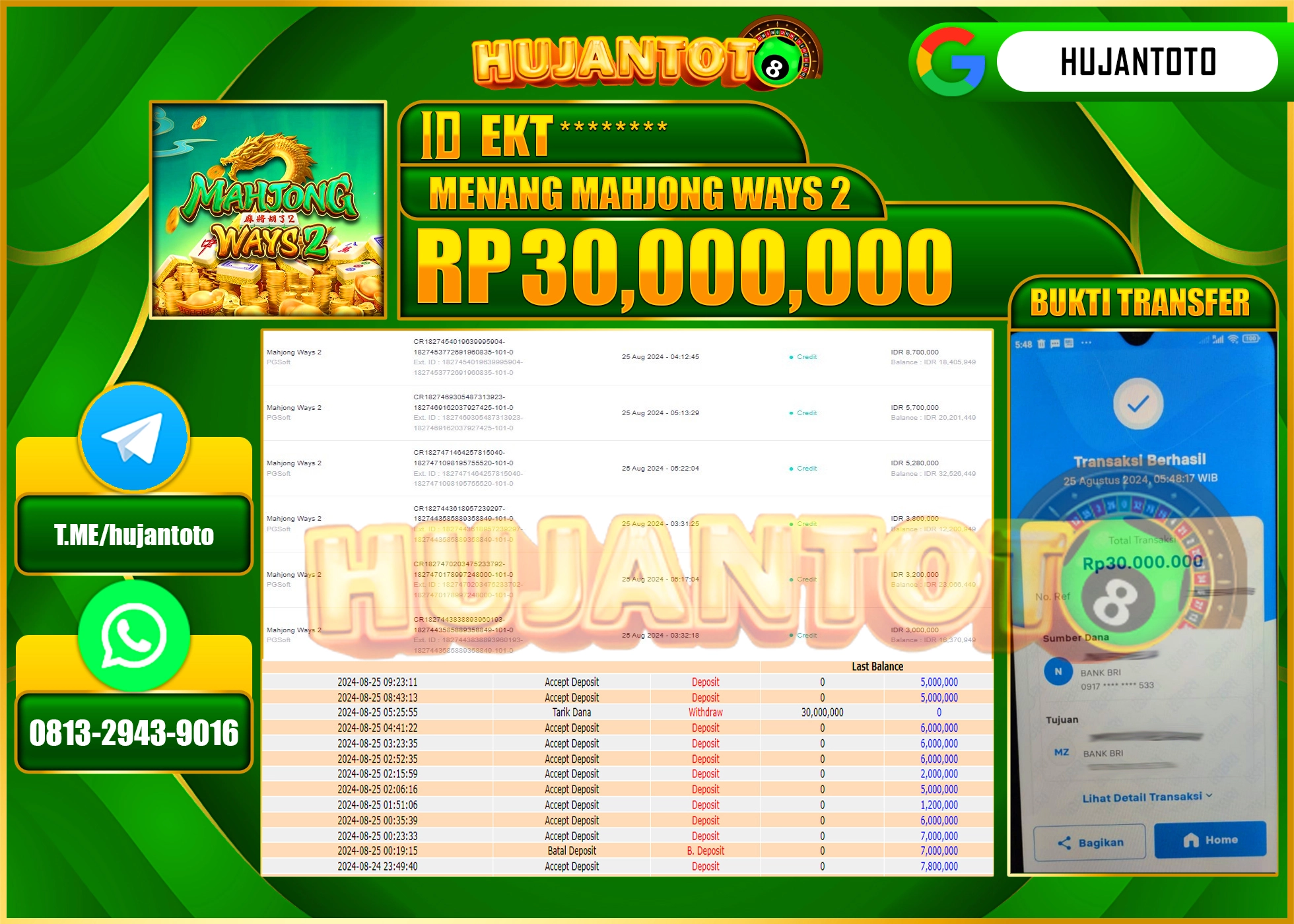 HUJANTOTO MENANG BESAR DI PERMAINAN SLOT MAHJONG WAYS 2 30.000.000 - LUNAS 