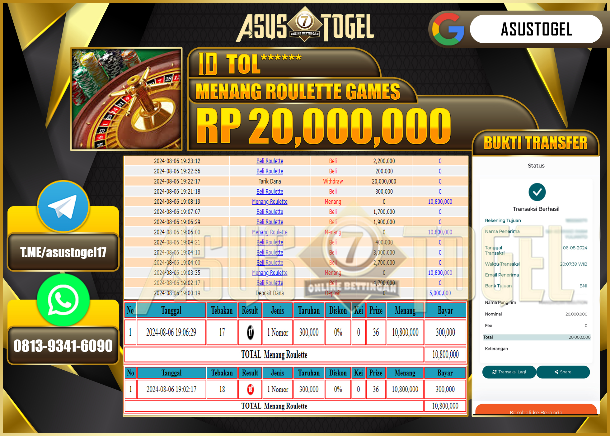 ASUSTOGEL KEMENANGAN DI ROULETTE GAMES SEBESAR 20,000,000- RUPIAH LUNAS