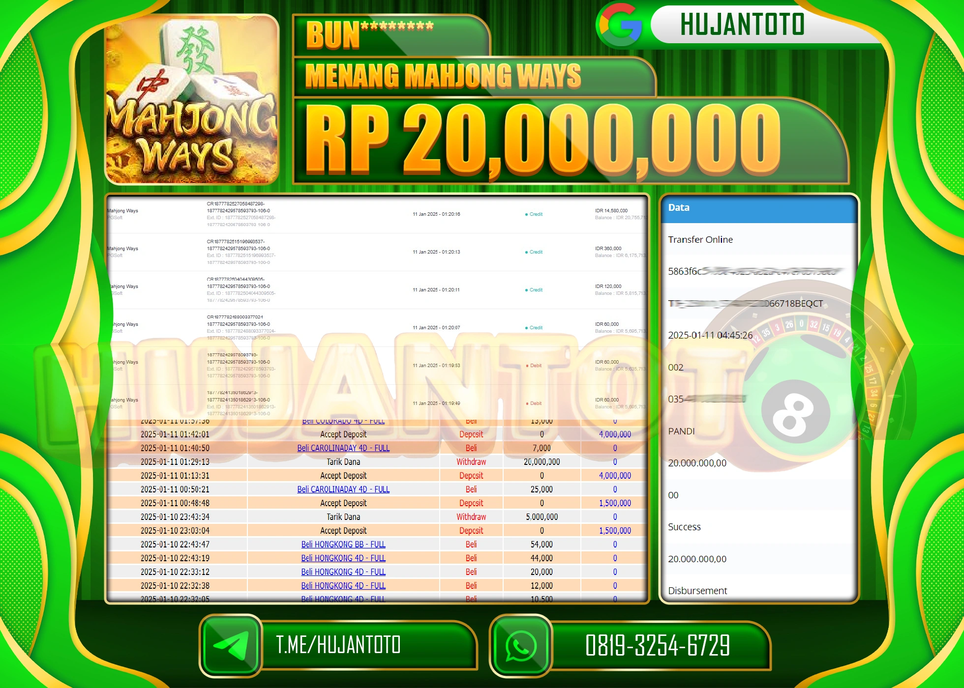 HUJANTOTO - BUKTI JACKPOT DI PERMAINAN SLOT MAHJONG WAYS Rp. 20,000,000 - TERBAYAR LUNAS