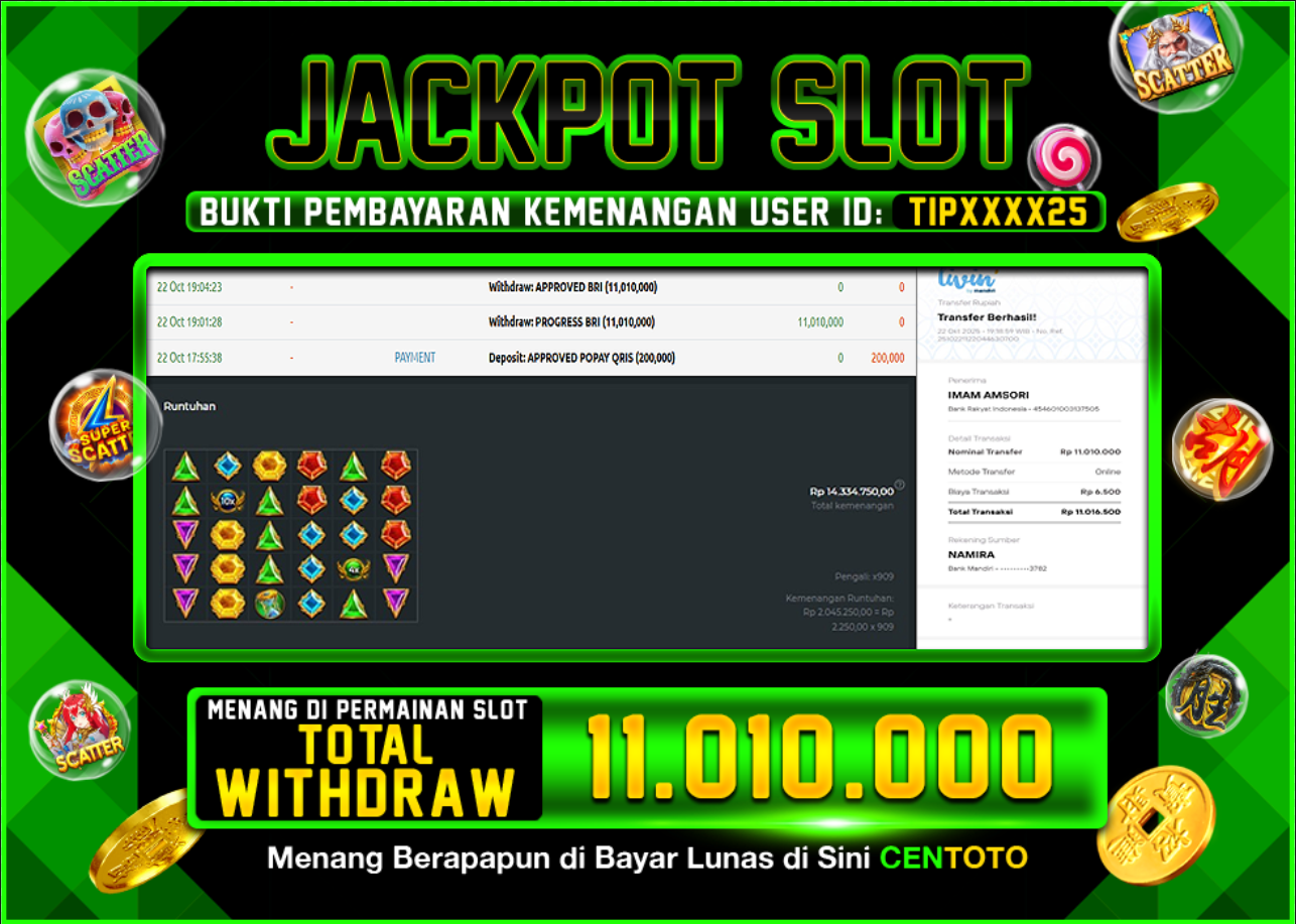 BUKTI JACKPOT SLOT CENTOTO RP.11.010.000,-LUNAS