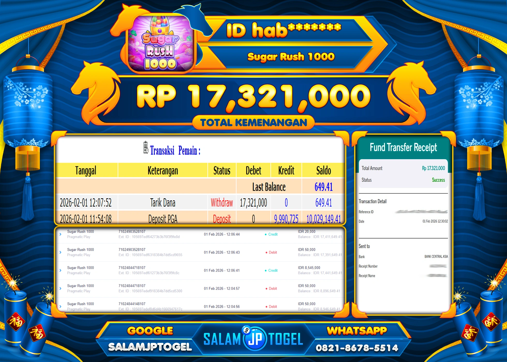 SALAMJPTOGEL JACKPOT SUGAR RUSH 1000 Rp.17,321,000 - LUNAS