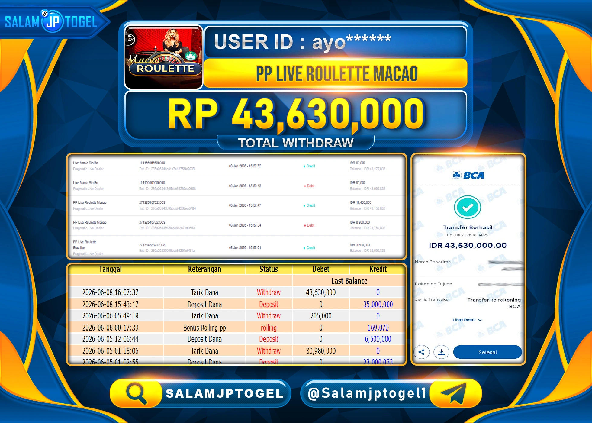 SALAMJPTOGEL JACKPOT MENANG LIVEGAMES PP LIVE ROULETTE MACAO Rp.43,630,000 - LUNAS
