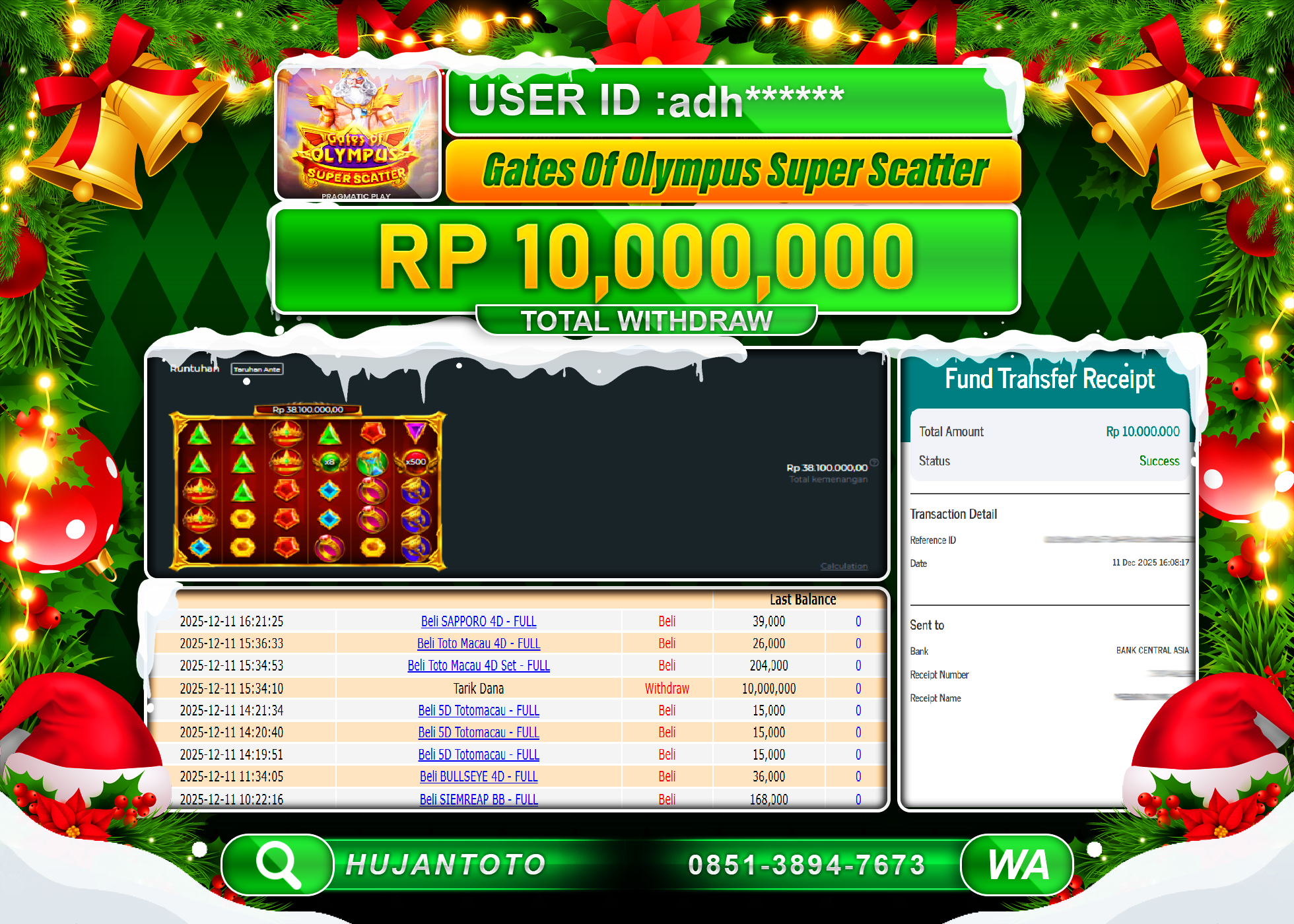 HUJANTOTO - BUKTI JACKPOT GATES OF OLYMPUS SUPER SCATTER Rp.10,000,000 - TERBAYAR LUNAS