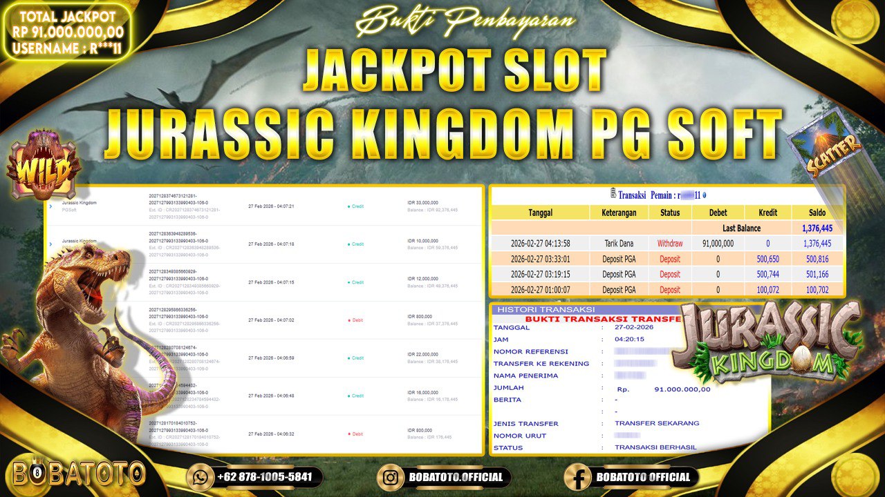 BOBATOTO JACKPOT SLOT JURASSIC KINGDOM PG SOFT Rp.91,000,000- LUNAS!!