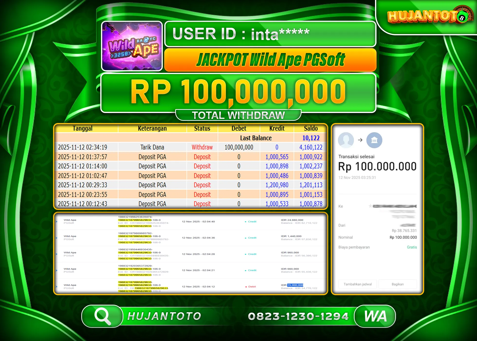 HUJANTOTO - BUKTI JACKPOT MENANG SLOT WILD APE PGSOFT Rp.100,000,000 - TERBAYAR LUNAS