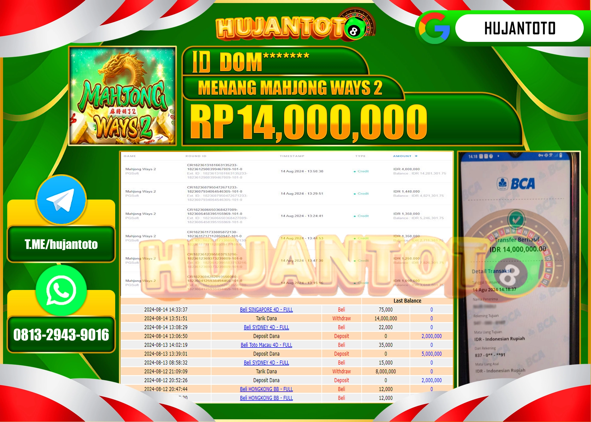 HUJANTOTO MENANG BESAR DI PERMAINAN SLOT MAHJONG WAYS 2.  14.000.000  - LUNAS 