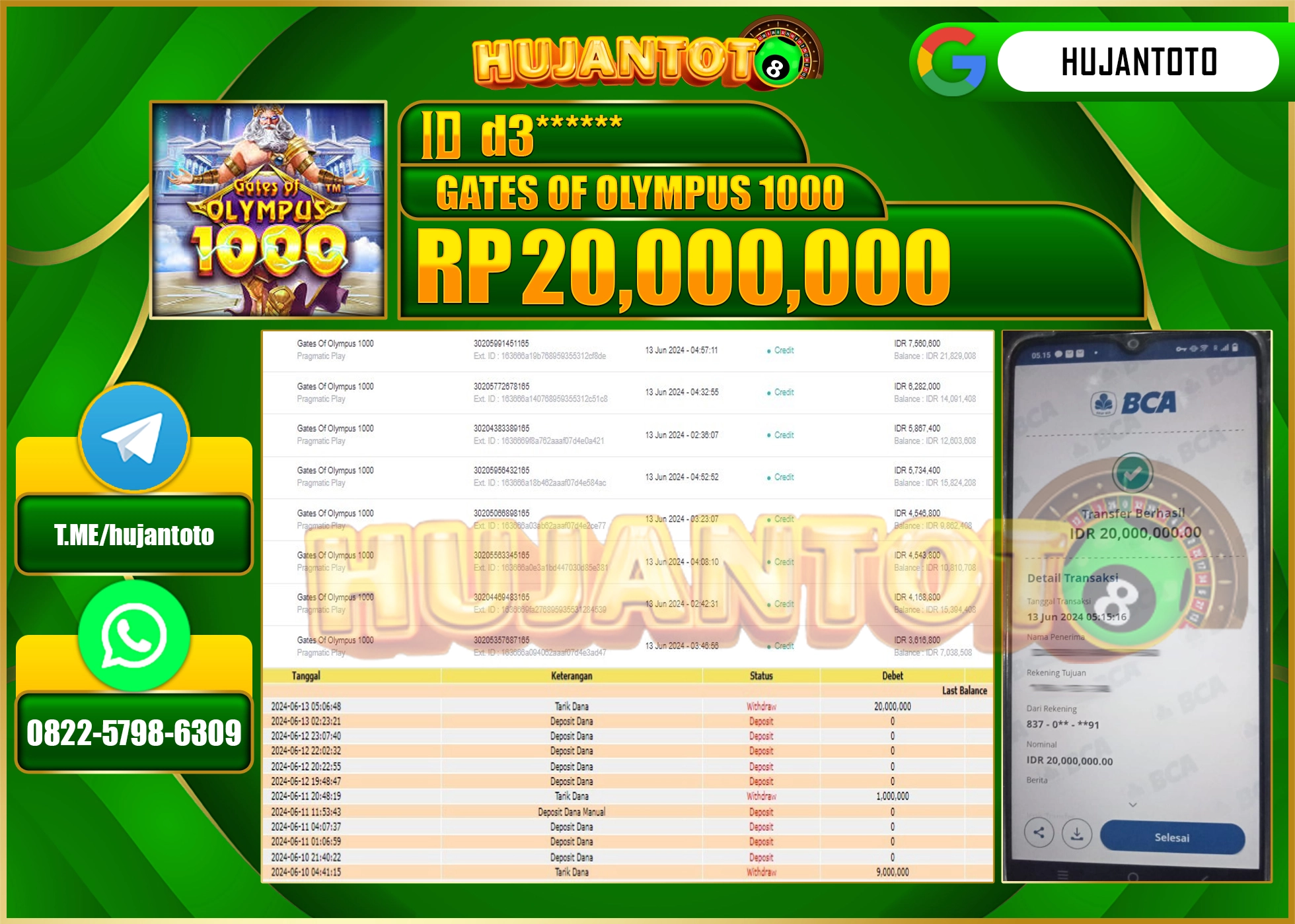 HUJANTOTO MENANG DI GATES OF OLYMPUS 1000 20.000.000 - LUNAS 