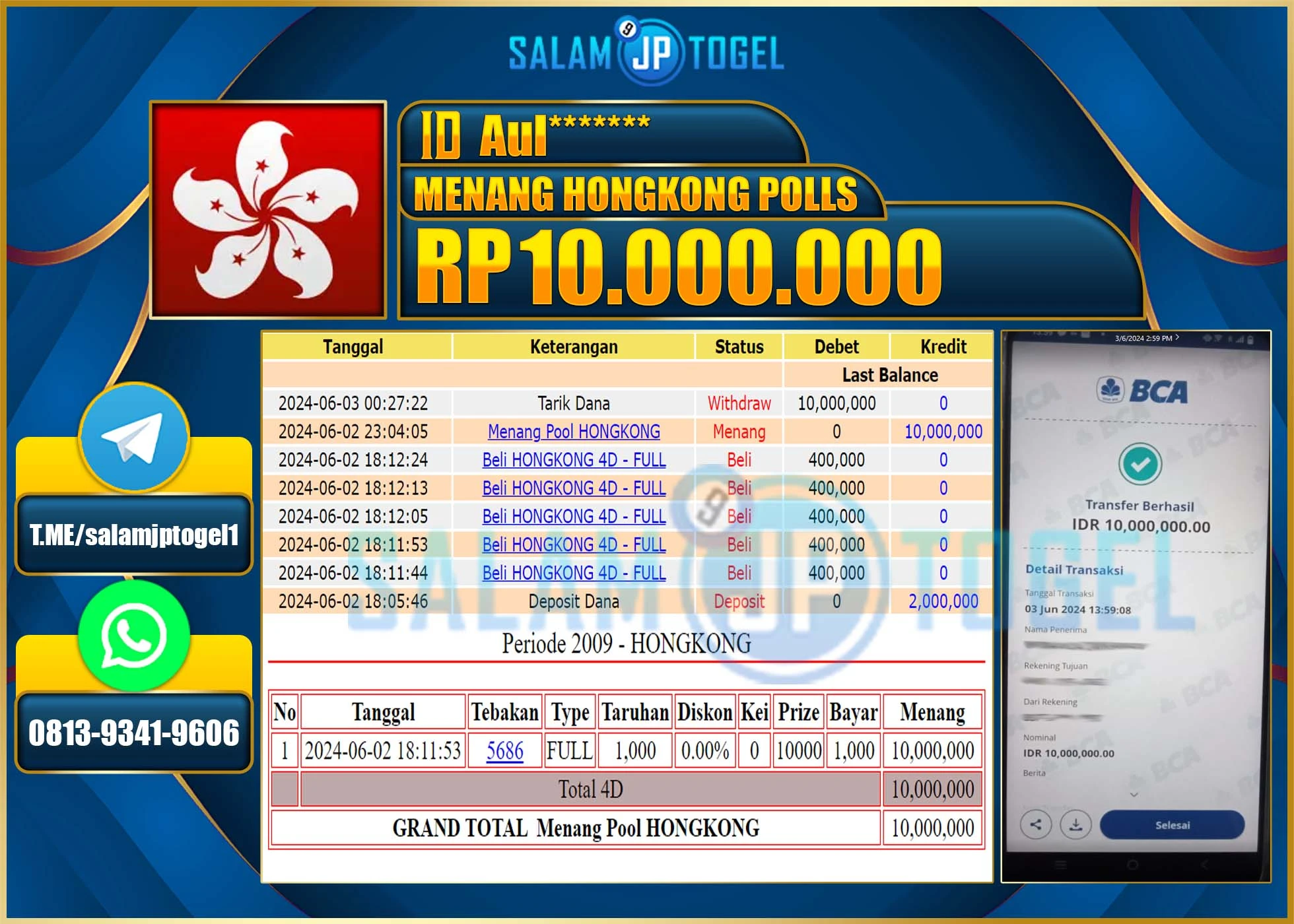 SALAMJPTOGEL MENANG HONGKONG POOLS RP. 10,000,000.,LUNAS