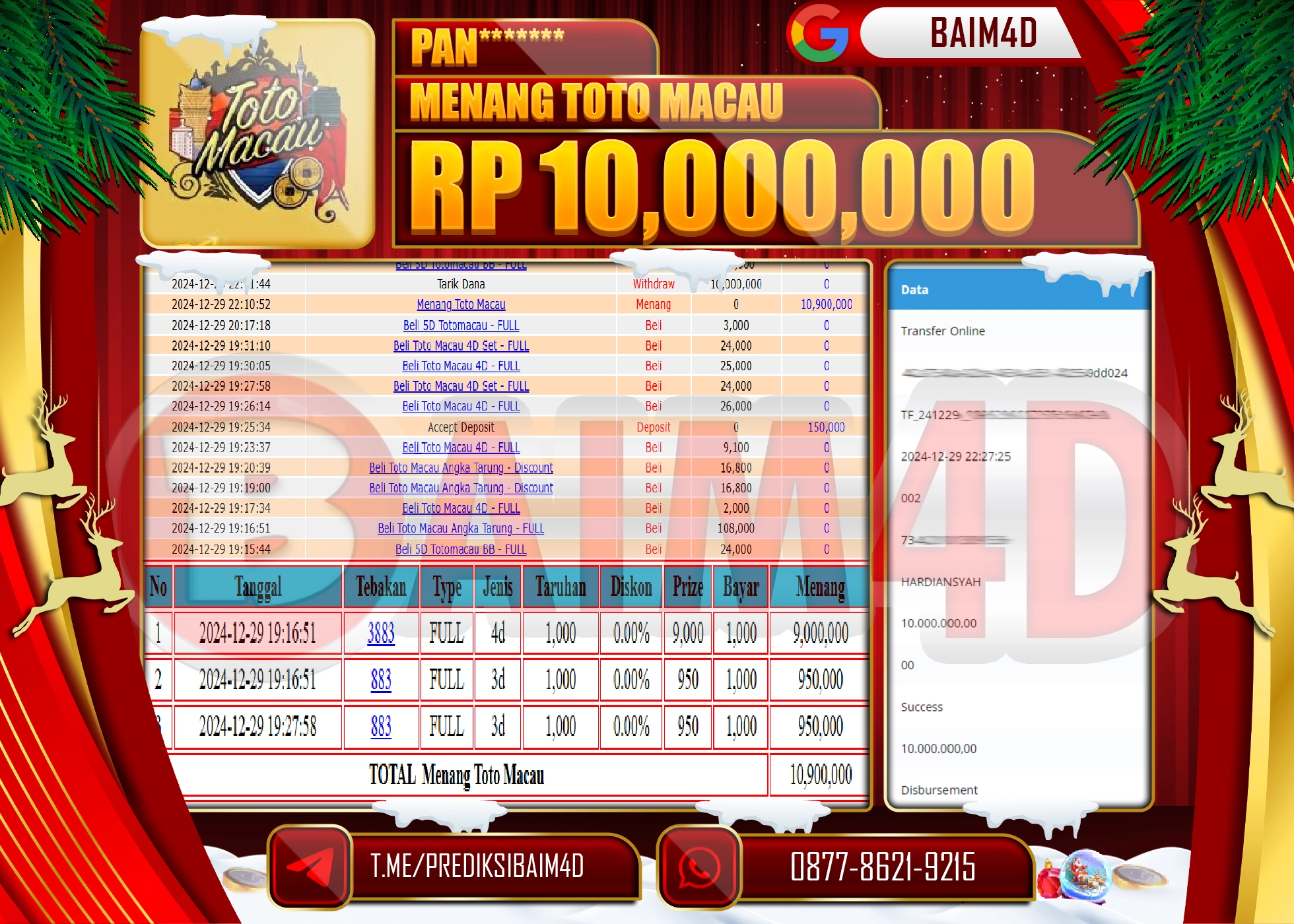 BAIM4D JACKPOT MENANG TOTO MACAU POOLS Rp.10.000,000.- LUNAS