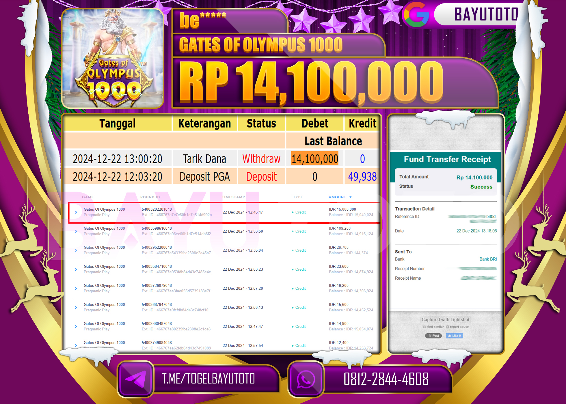 BAYUTOTO JACKPOT  DI SLOT GATES OF OLYMPUS 1000  Rp.14.100.000 LUNAS