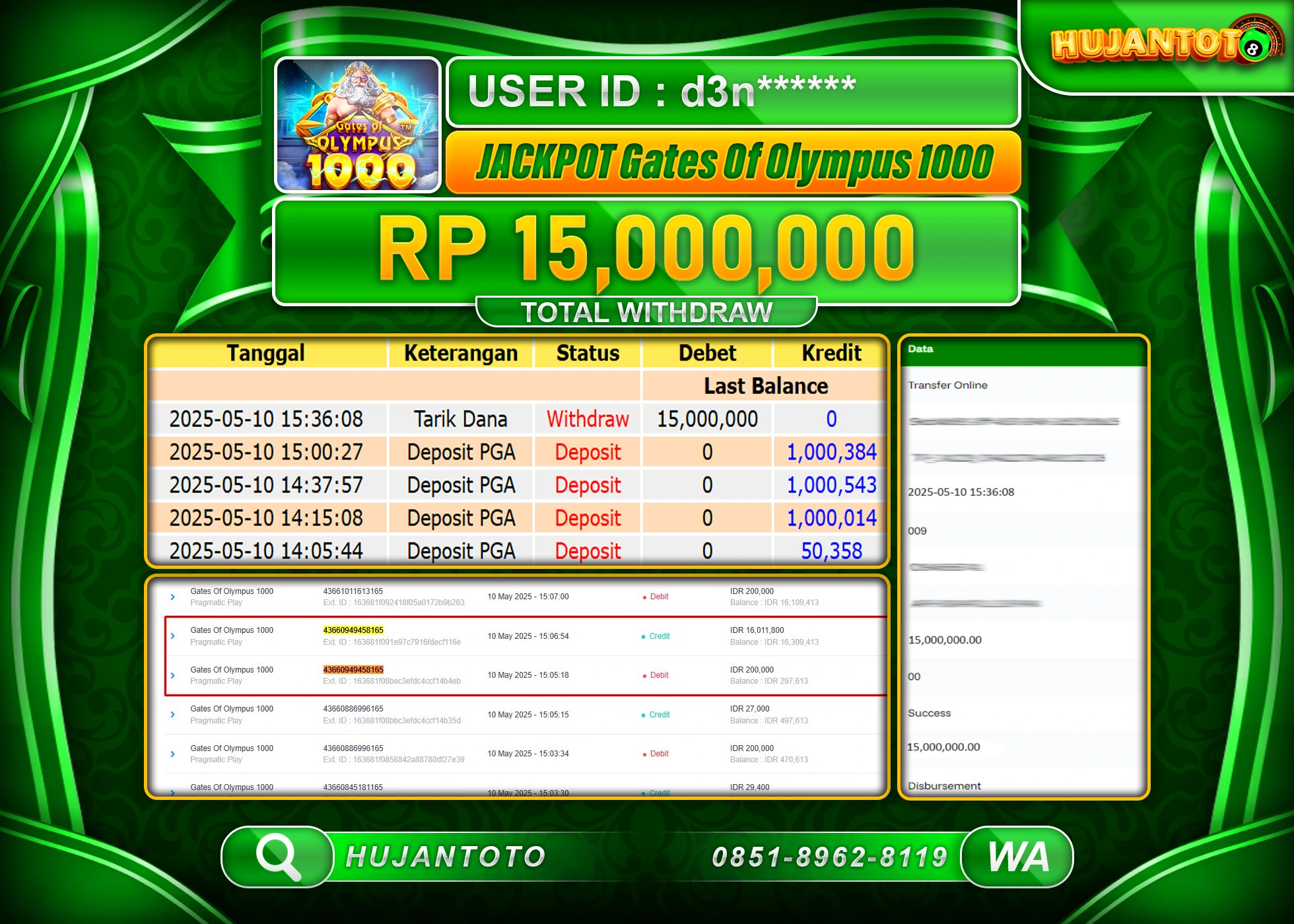 HUJANTOTO - BUKTI JACKPOT MENANG SLOT GATES OF OLYMPUS 1000 Rp,15,000,000  - TERBAYAR LUNAS