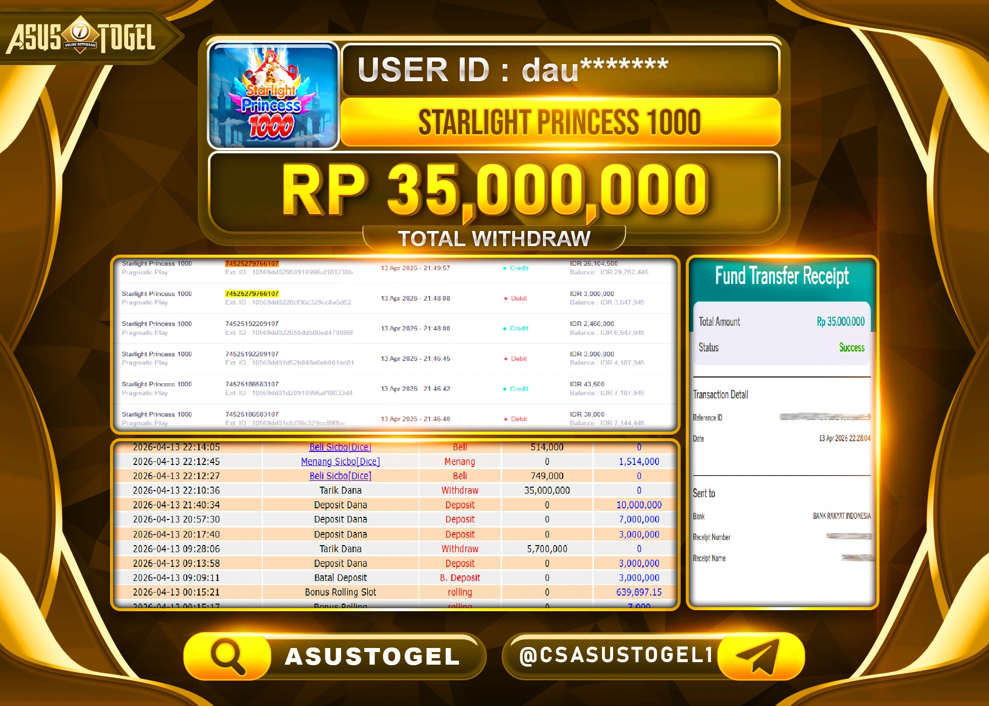 ASUSTOGEL KEMENANGAN JACKPOT DI PERMAINAN STARLIGHT PRINCES 1000  SEBESAR Rp.35,000,000 - RUPIAH LUNAS