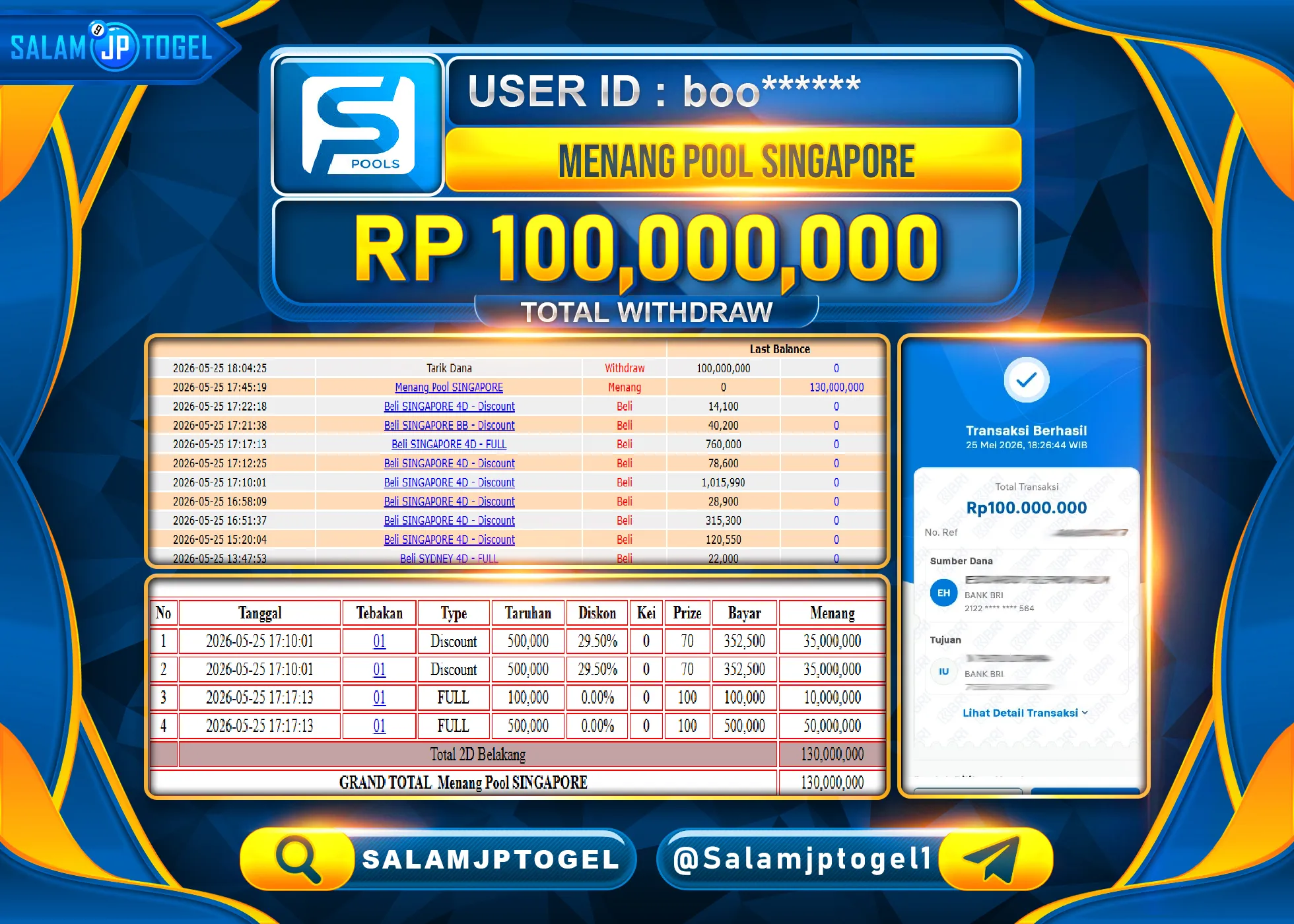 SALAMJPTOGEL JACKPOT Menang Pool SINGAPORE-Periode 1894 Rp.100,000,000 - LUNAS