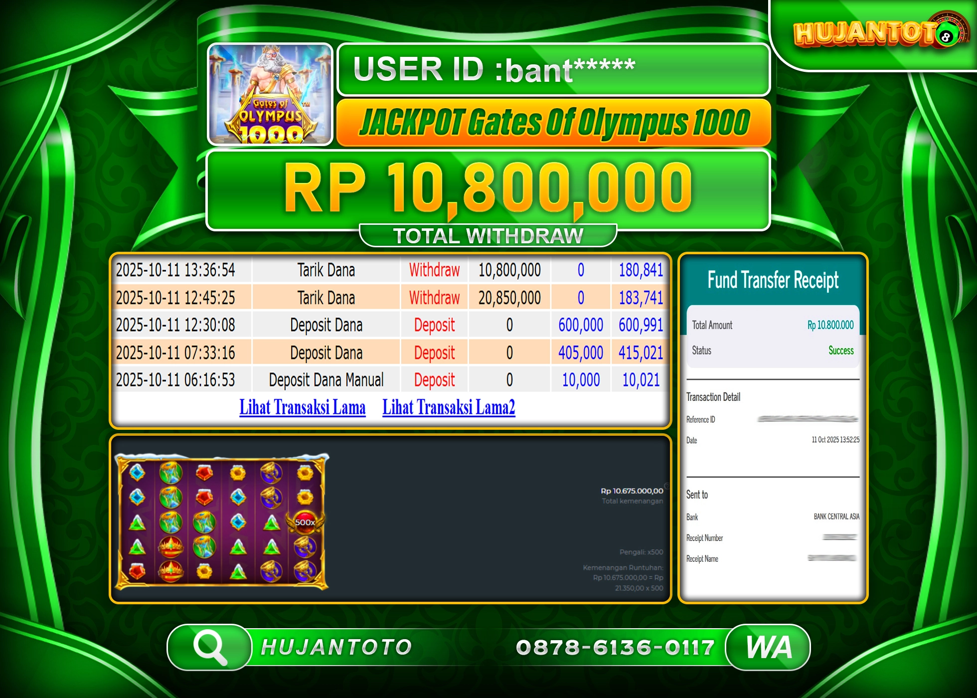 HUJANTOTO - BUKTI JACKPOT MENANG SLOT GATES OF OLYMPUS 1000 Rp.10,800,000  - TERBAYAR LUNAS