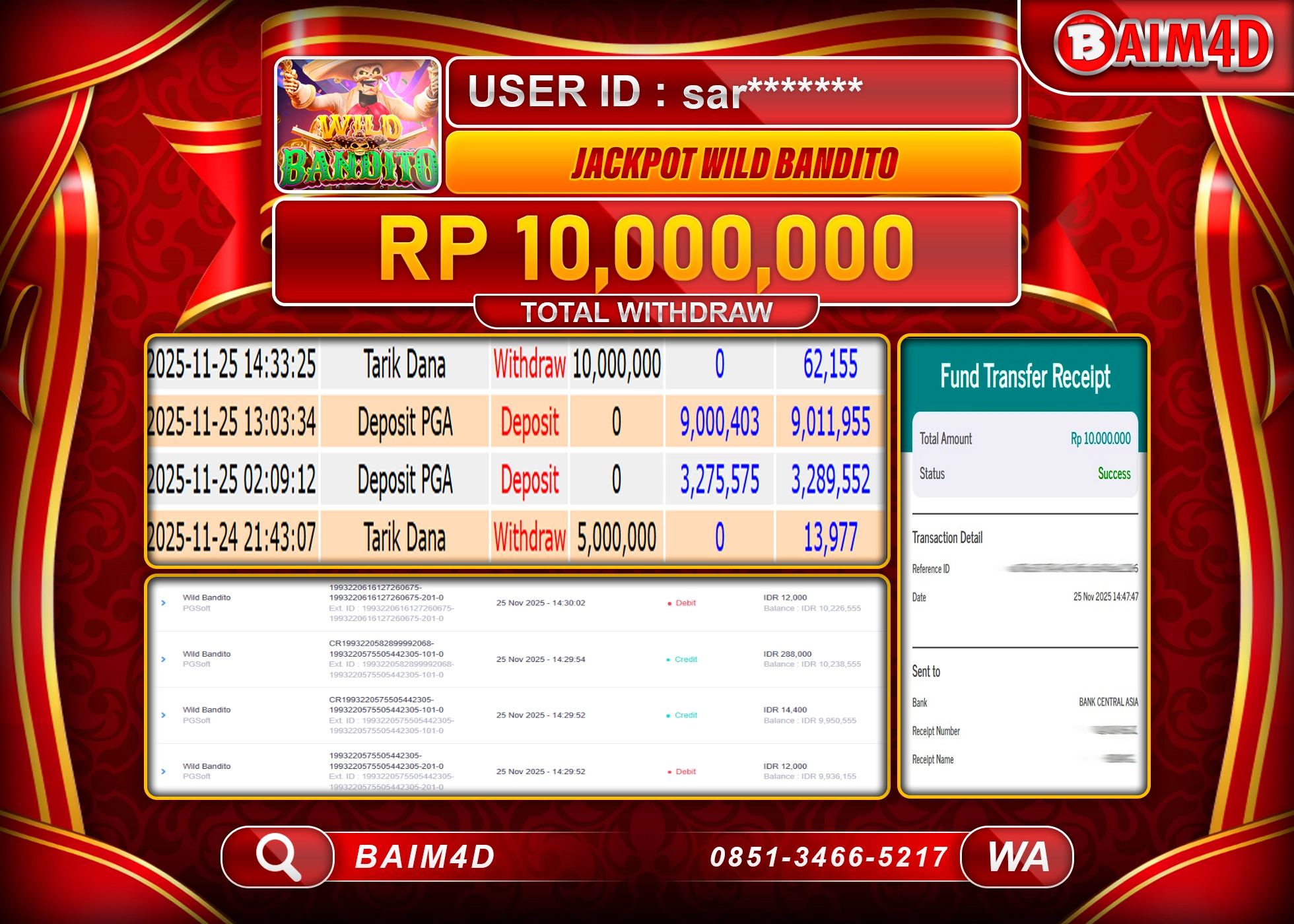 BAIM4D JACKPOT SLOT WILD BANDITO PG SOFT Rp.10,000,000 - LUNAS