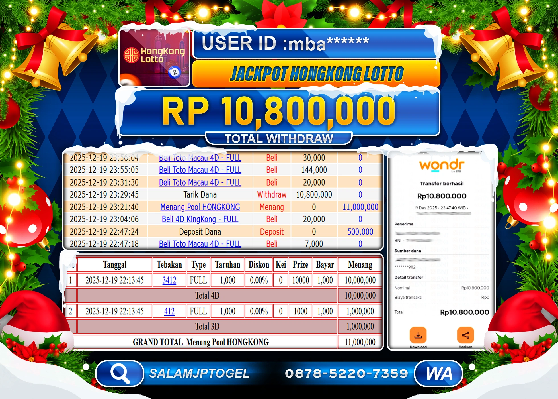 SALAMJPTOGEL JACKPOT HONGKONG LOTTO Rp.10,800,000 - LUNAS
