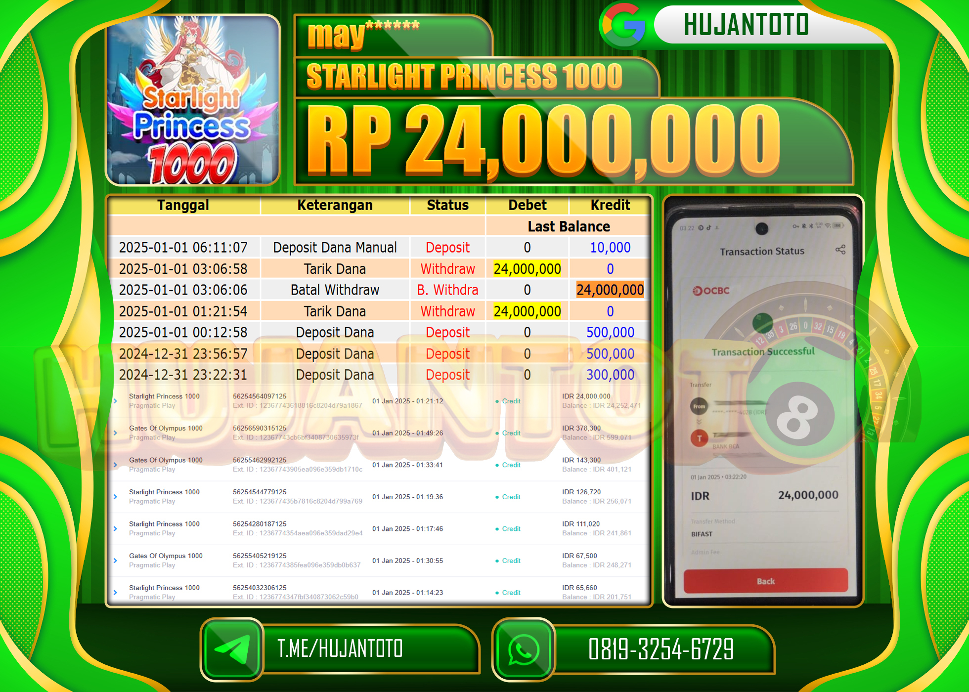 HUJANTOTO SELAMAT ATAS KEMENANGAN YANG DI RAIH DI PERMAINAN SLOT STARLIGHT PRINCESS 1000 SEBESAR 24,000,000- TERBAYAR LUNAS