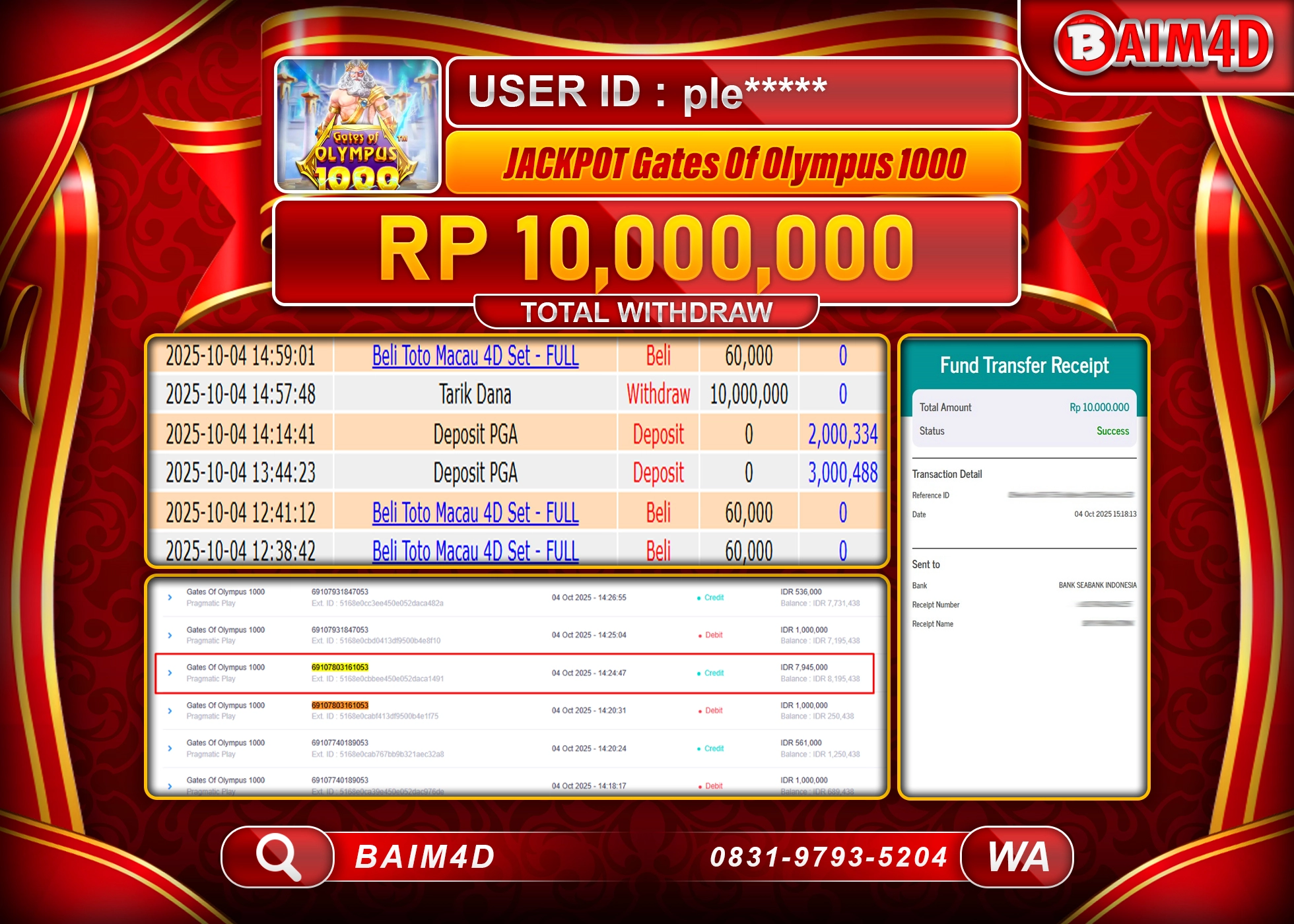 BAIM4D JACKPOT SLOT GATES OF OLYMPUS 1000 Rp.10,000,000.- LUNAS