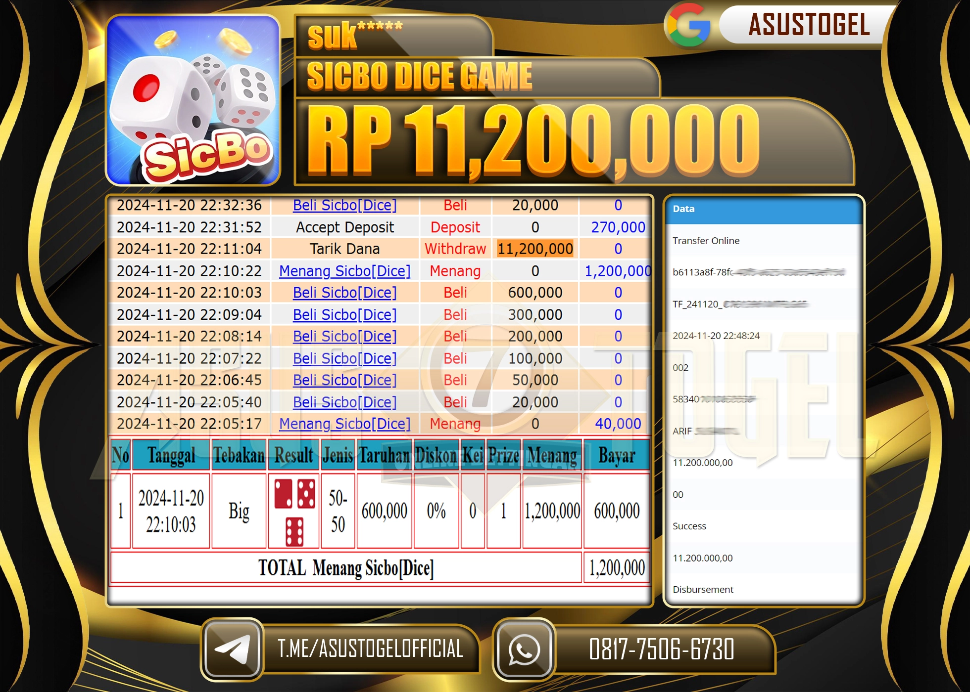 ASUSTOGEL KEMENANGAN LIVE GAMES SICBO DICE SEBESAR 11,200,000- RUPIAH LUNAS