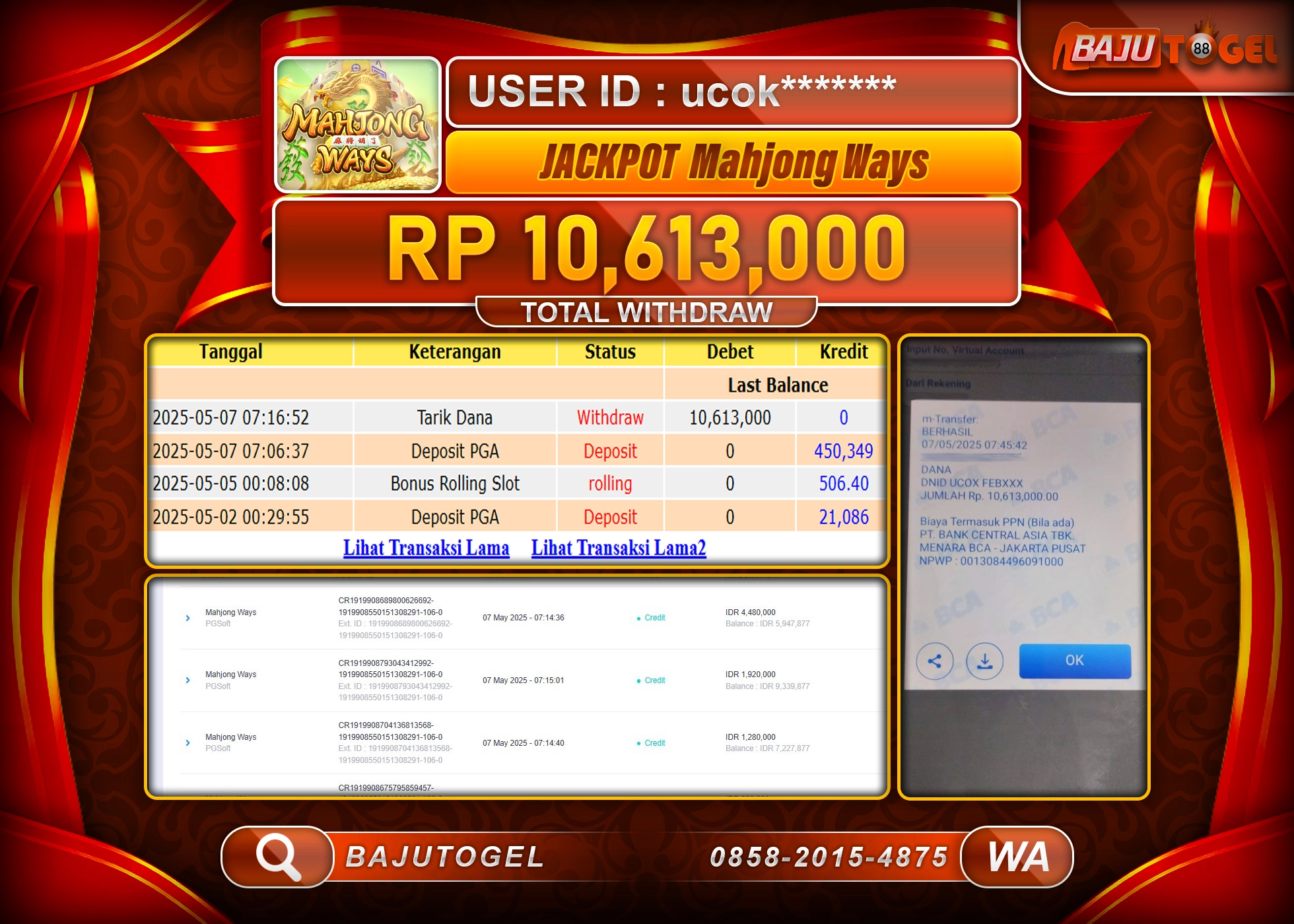 BAIM4D MENANG JACKPOT Mahjong Ways  Rp.10,613,000.- LUNAS