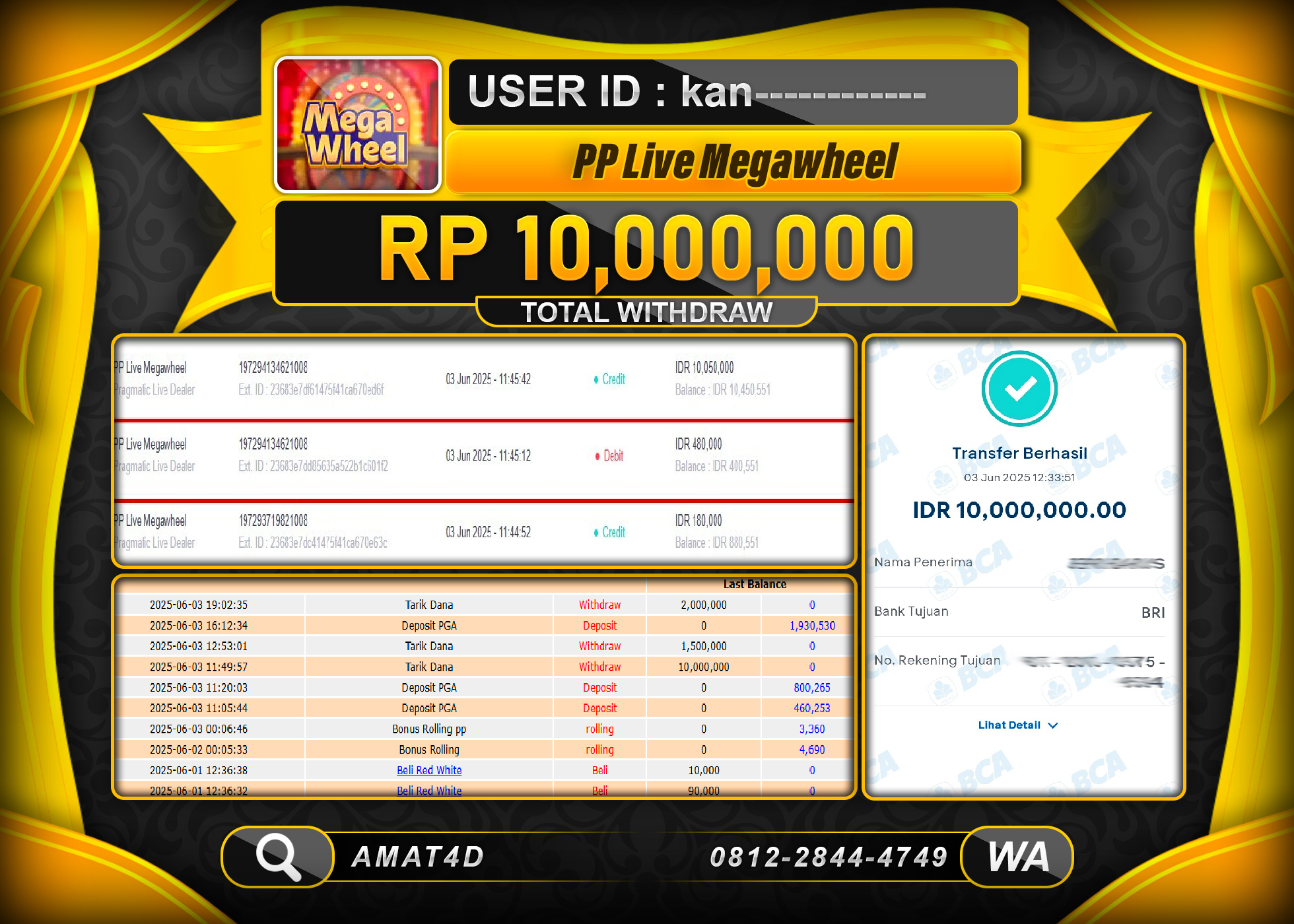 AMAT4D KEMENANGAN PP LIVE MEGAWHEEL  Rp.10.000.000 BERHASIL TERBAYAR LUNAS