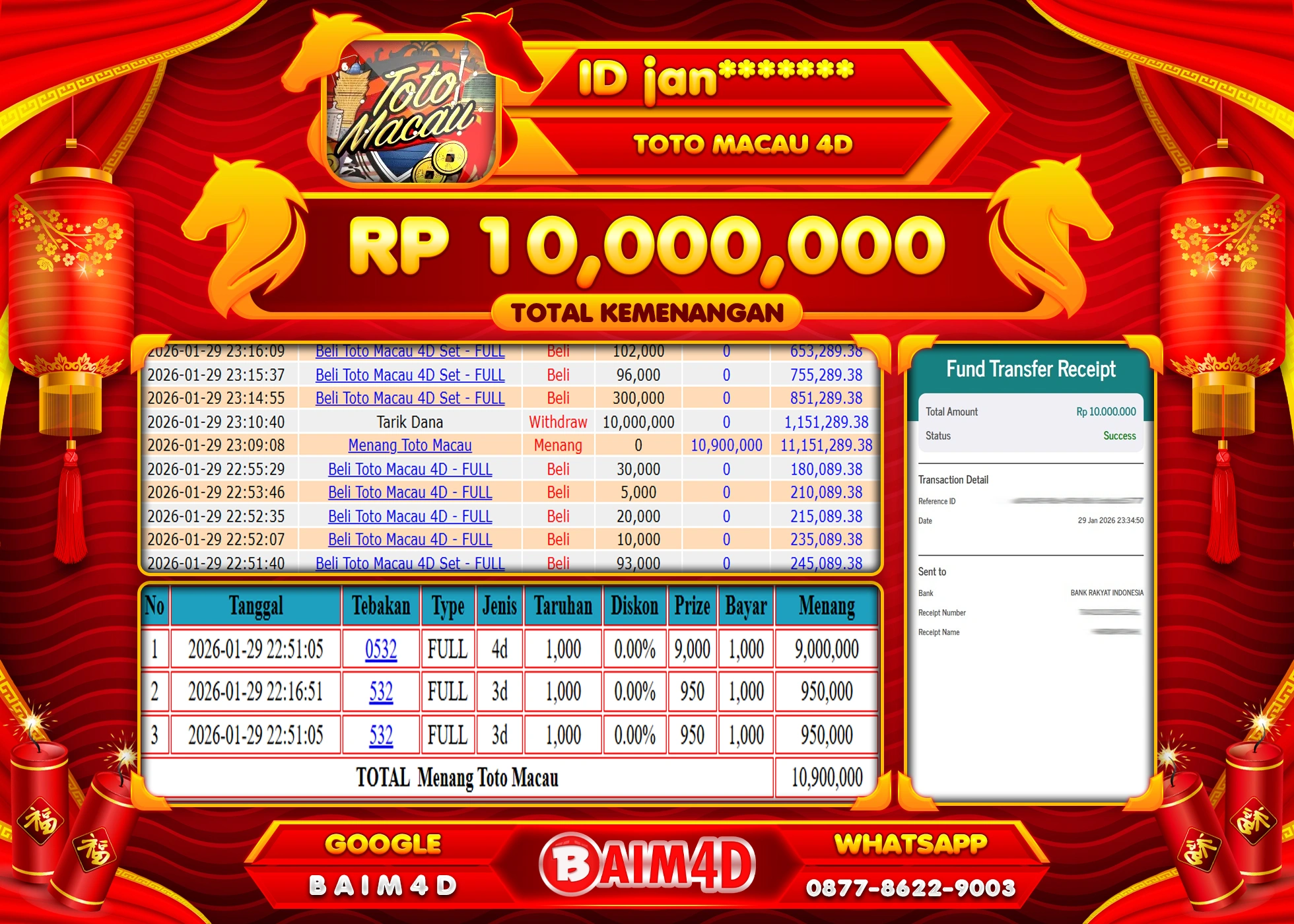 BAIM4D JACKPOT TOGEL TOTO MACAU 4D Rp.10,000,000 - LUNAS