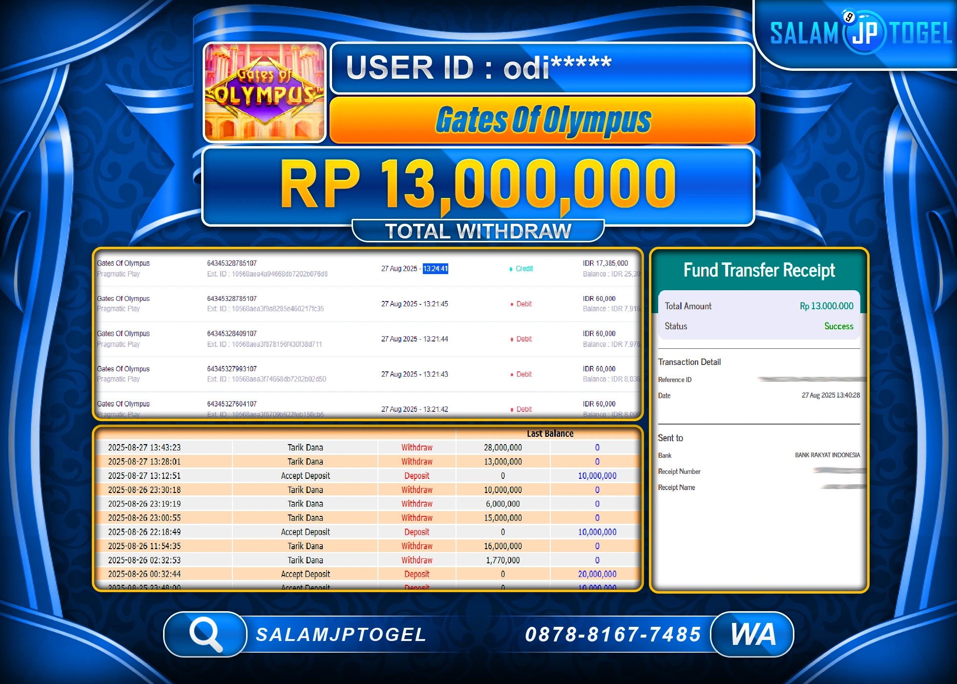 SALAMJPTOGEL MENANG JACKPOT GATES OF OLYMPUS Rp.13,000,000