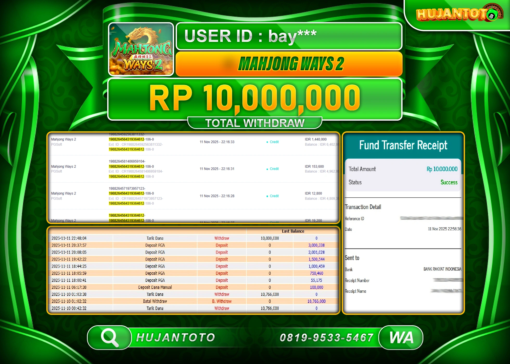 HUJANTOTO - BUKTI JACKPOT MENANG SLOT MAHJONG WAYS 2 Rp.10,000,000 - TERBAYAR LUNAS
