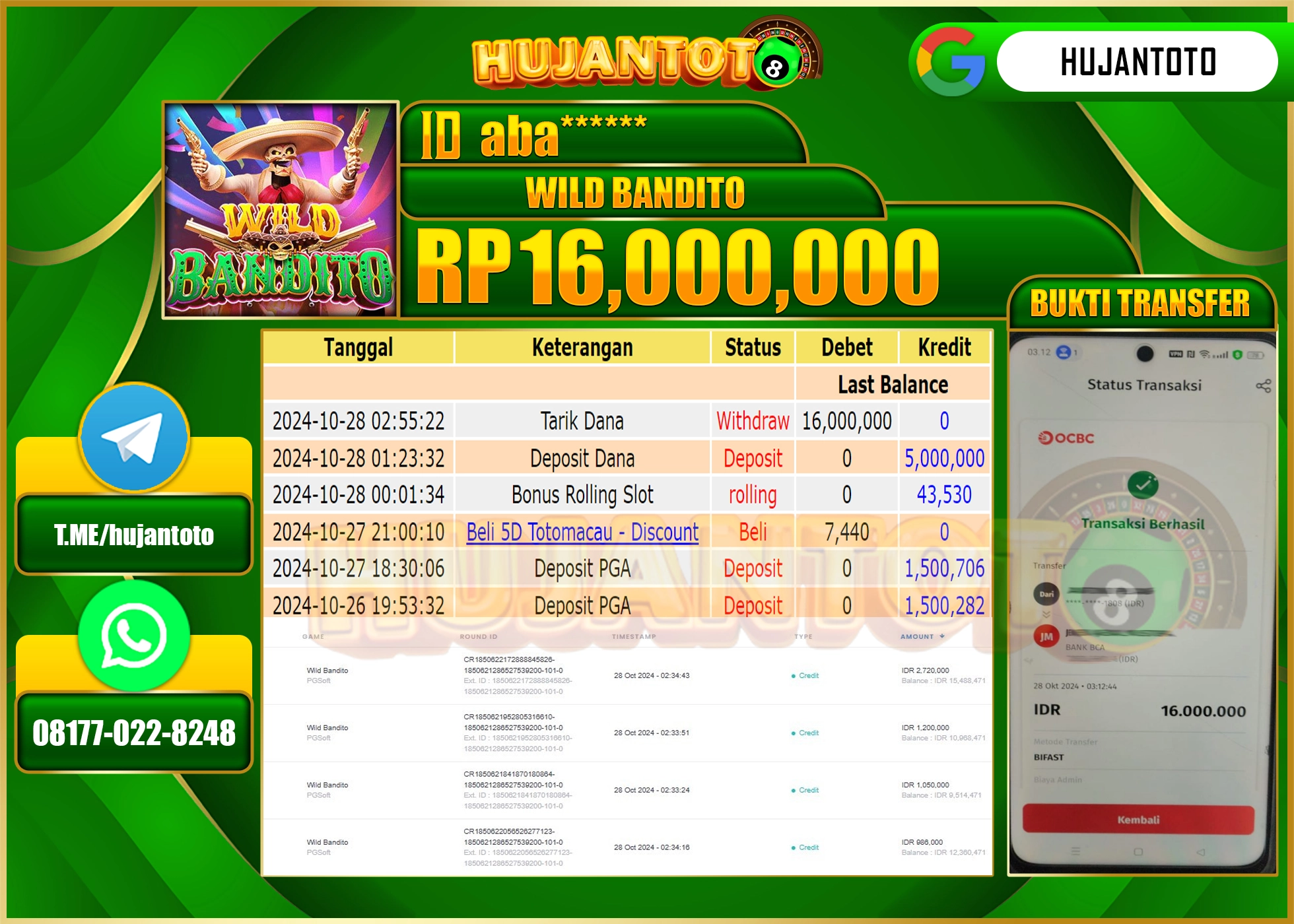 HUJANTOTO MENANG DI PERMAINAN SLOT WILD BANDITO  - 16,000,000 - LUNAS