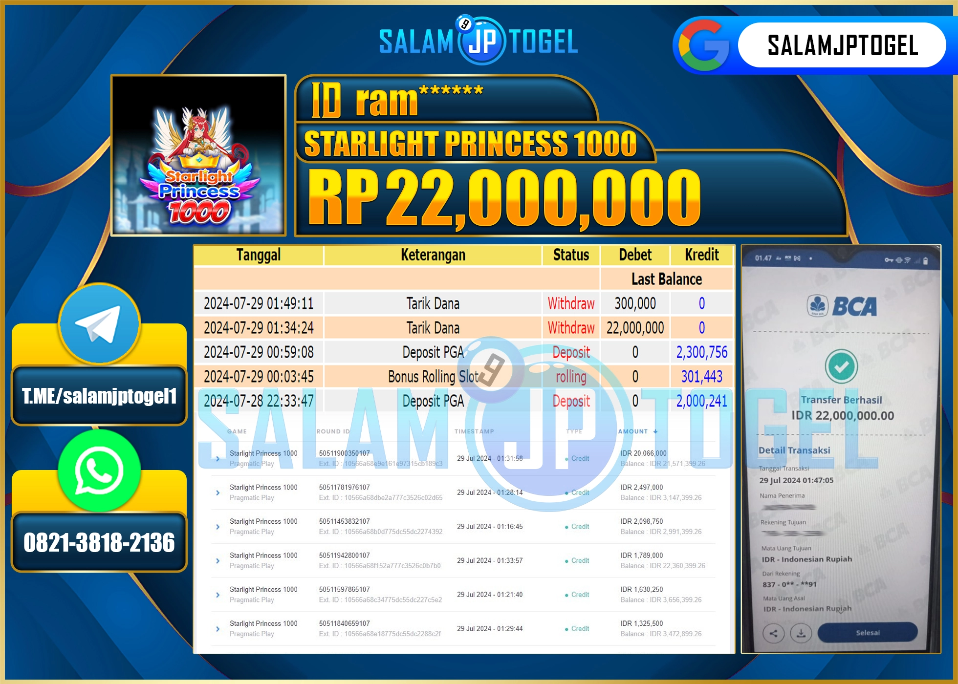 SALAMJPTOGEL MENANG SLOT STARLIGHT PRINCESS 1000 RP. 22,000,000.,LUNAS