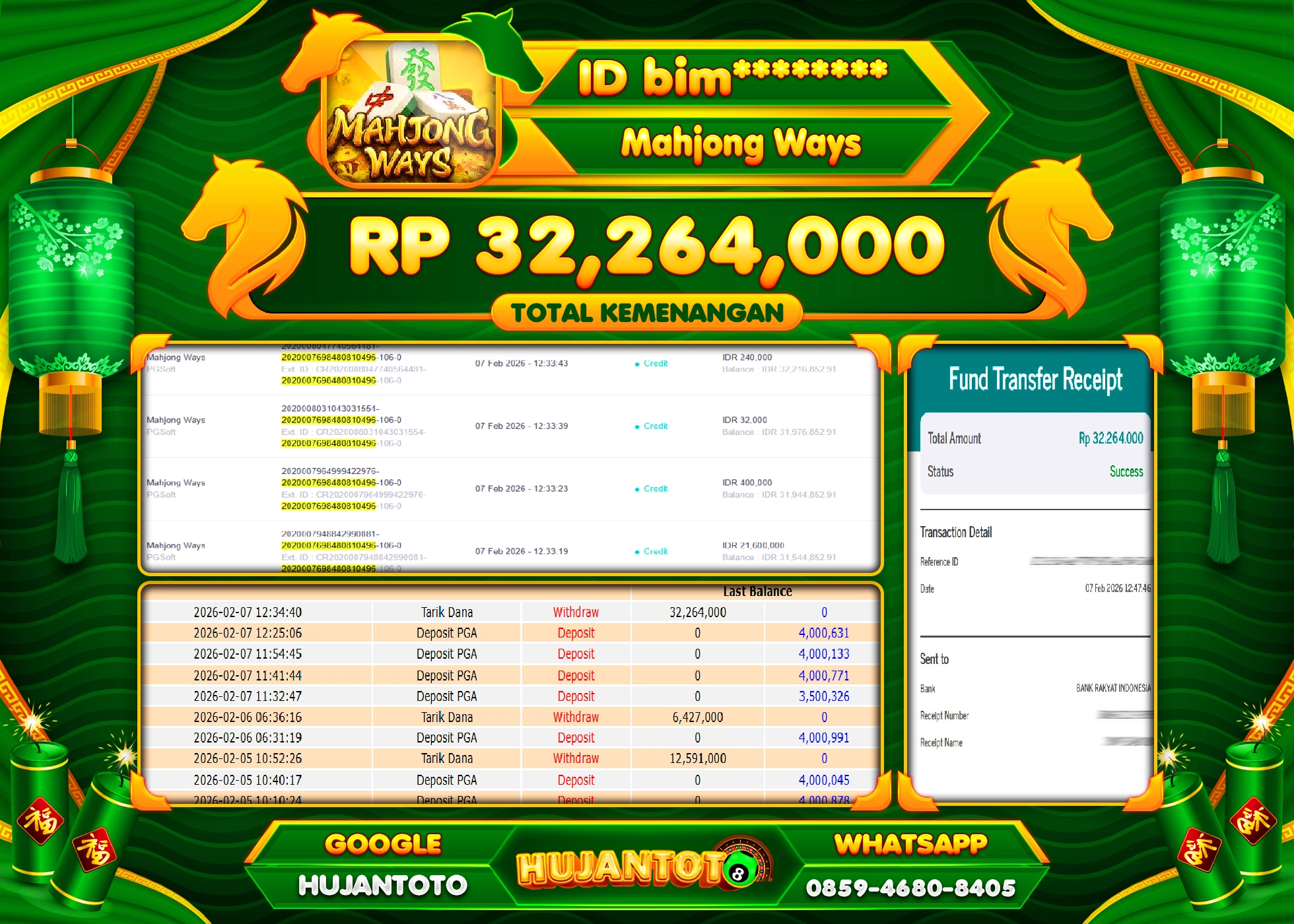 HUJANTOTO - BUKTI JACKPOT MENANG SLOT MAHJONG WAYS PGSOFT Rp.32,264,000 - TERBAYAR LUNAS
